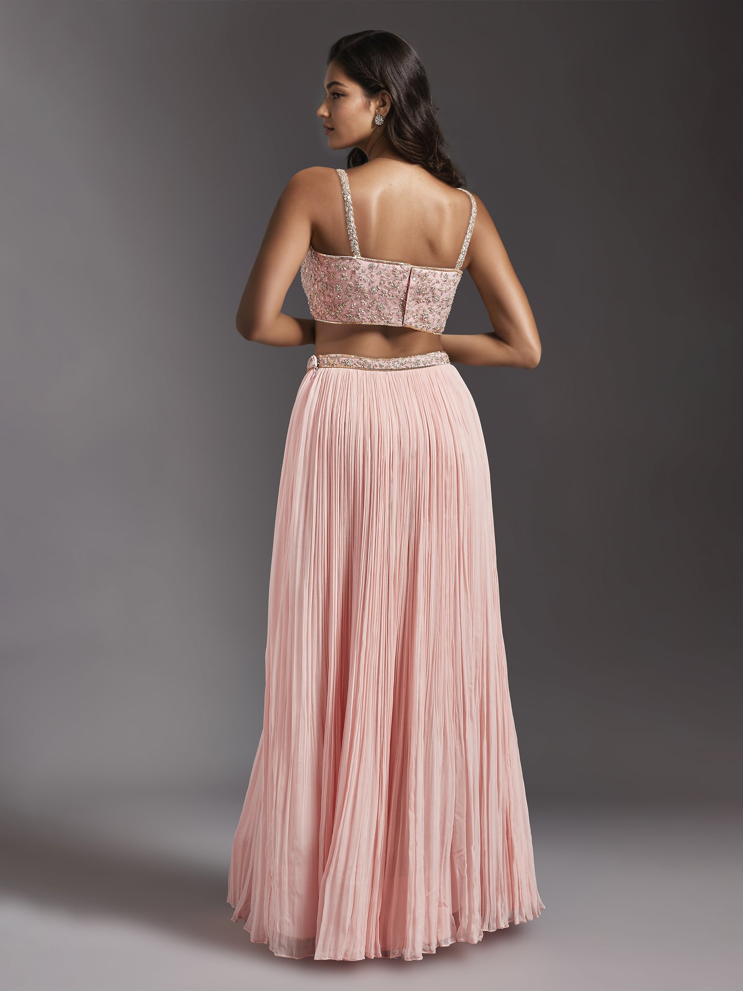 Pink Georgette Pleated Lehenga with Strappy Embroidered Blouse and Choker Dupatta