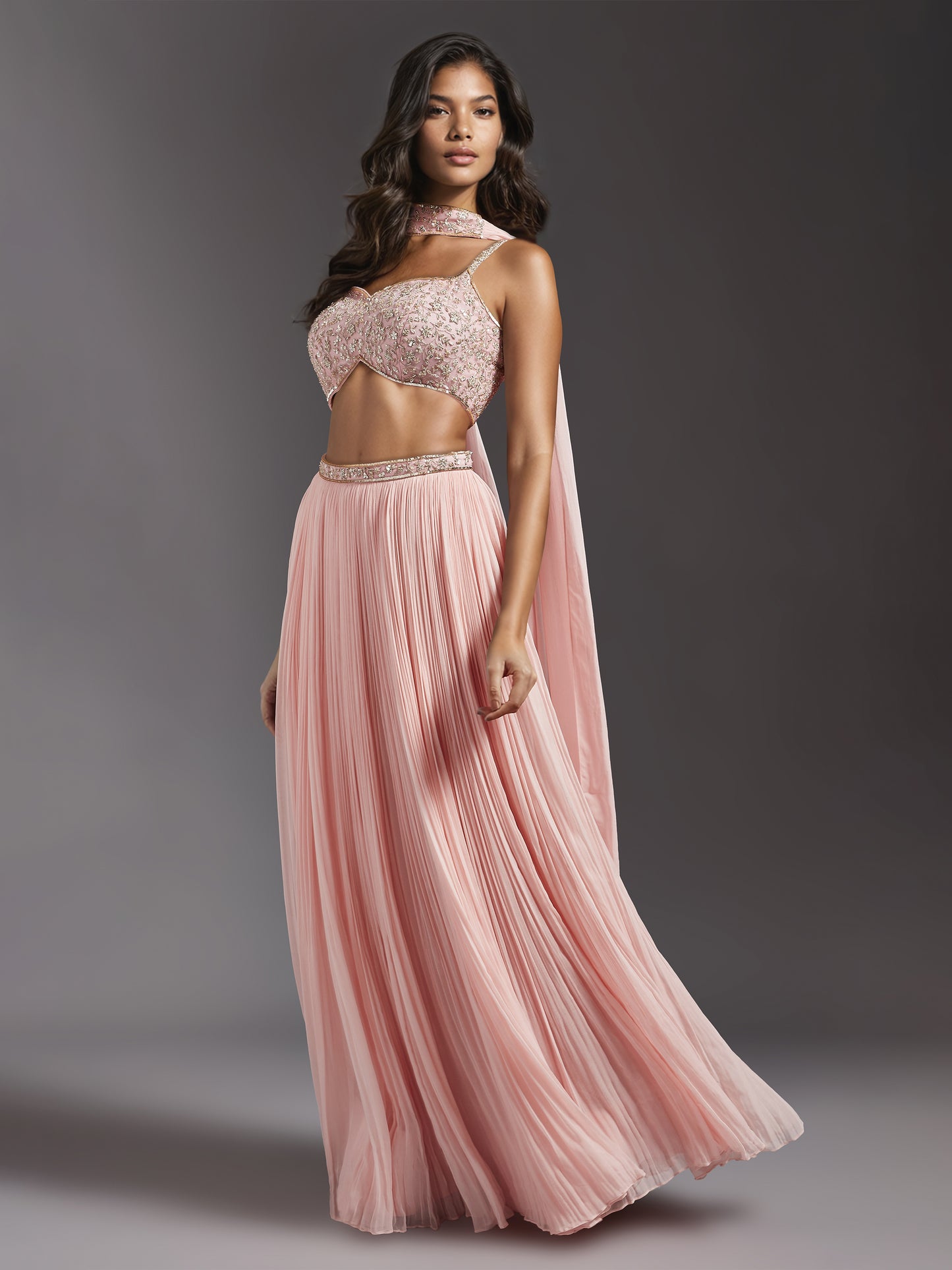 Pink Georgette Pleated Lehenga with Strappy Embroidered Blouse and Choker Dupatta