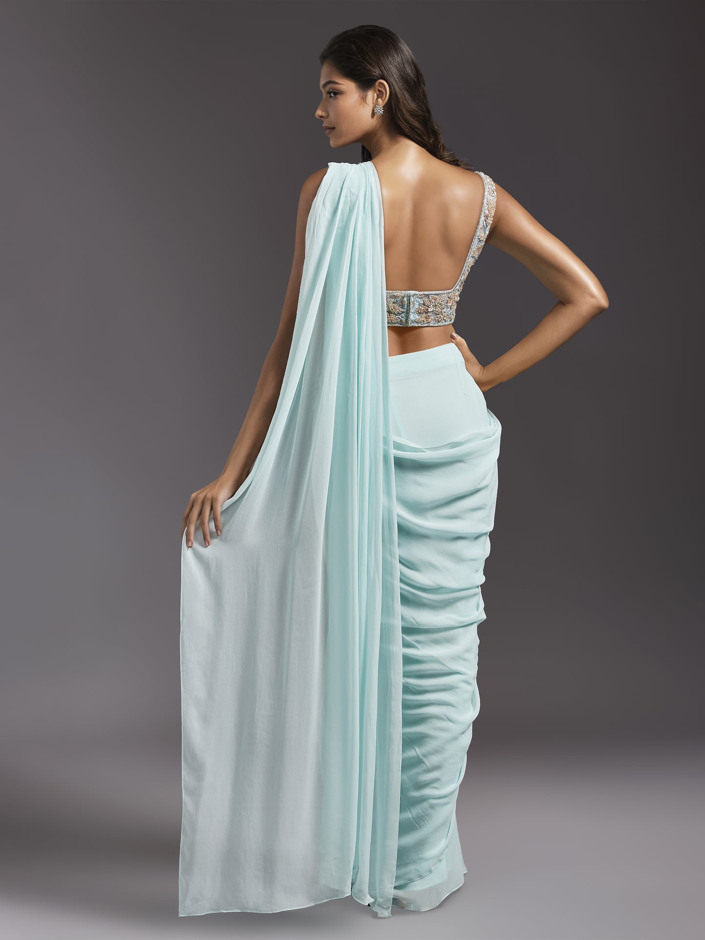 Powder Blue Georgette Pre Stitched Saree with Net Embroidered Blouse and Belt