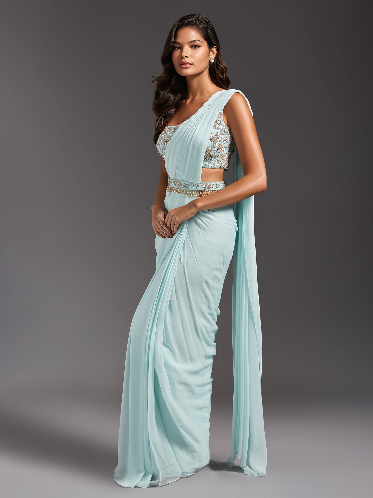 Powder Blue Georgette Pre Stitched Saree with Net Embroidered Blouse and Belt