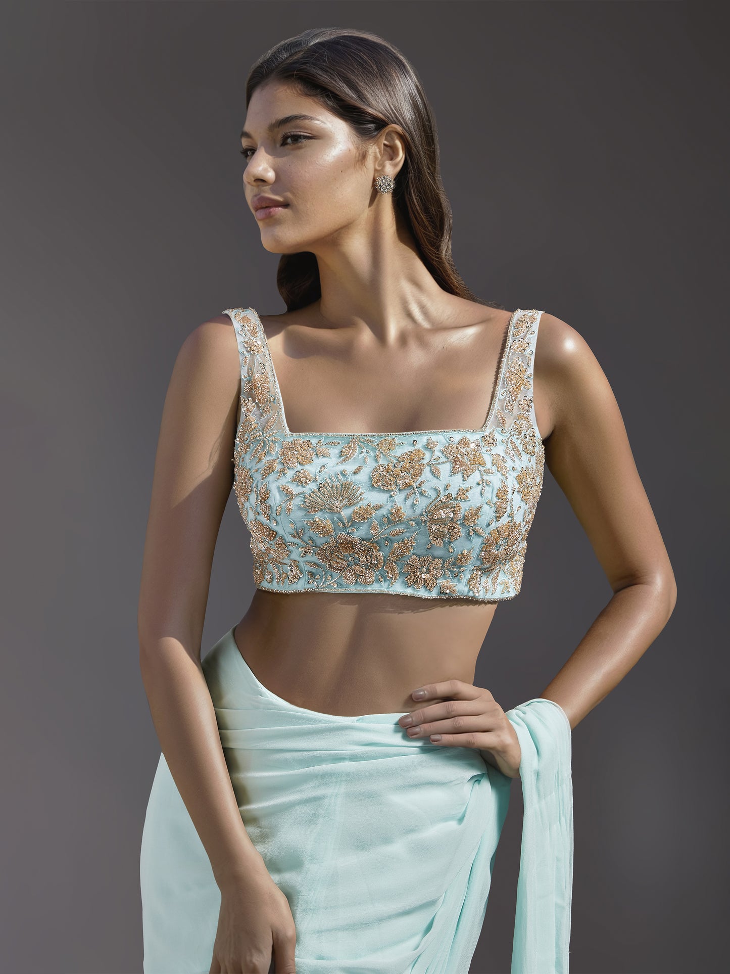 Powder Blue Georgette Pre Stitched Saree with Net Embroidered Blouse and Belt