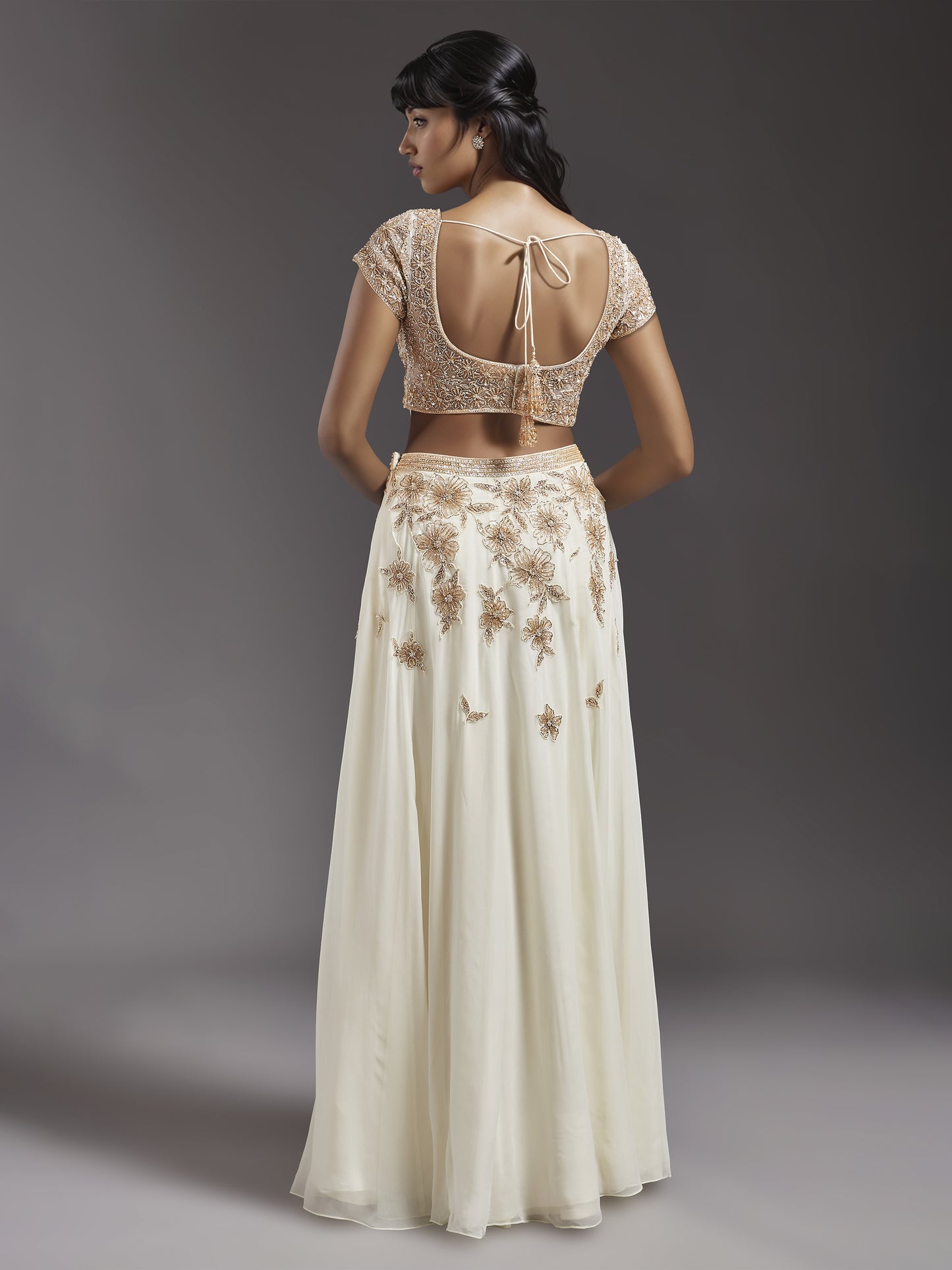 Ivory Net Light Embroidered Floral Lehenga Set with Choker