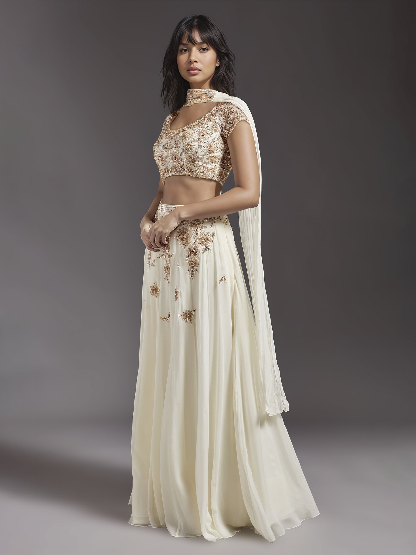 Ivory Net Light Embroidered Floral Lehenga Set with Choker