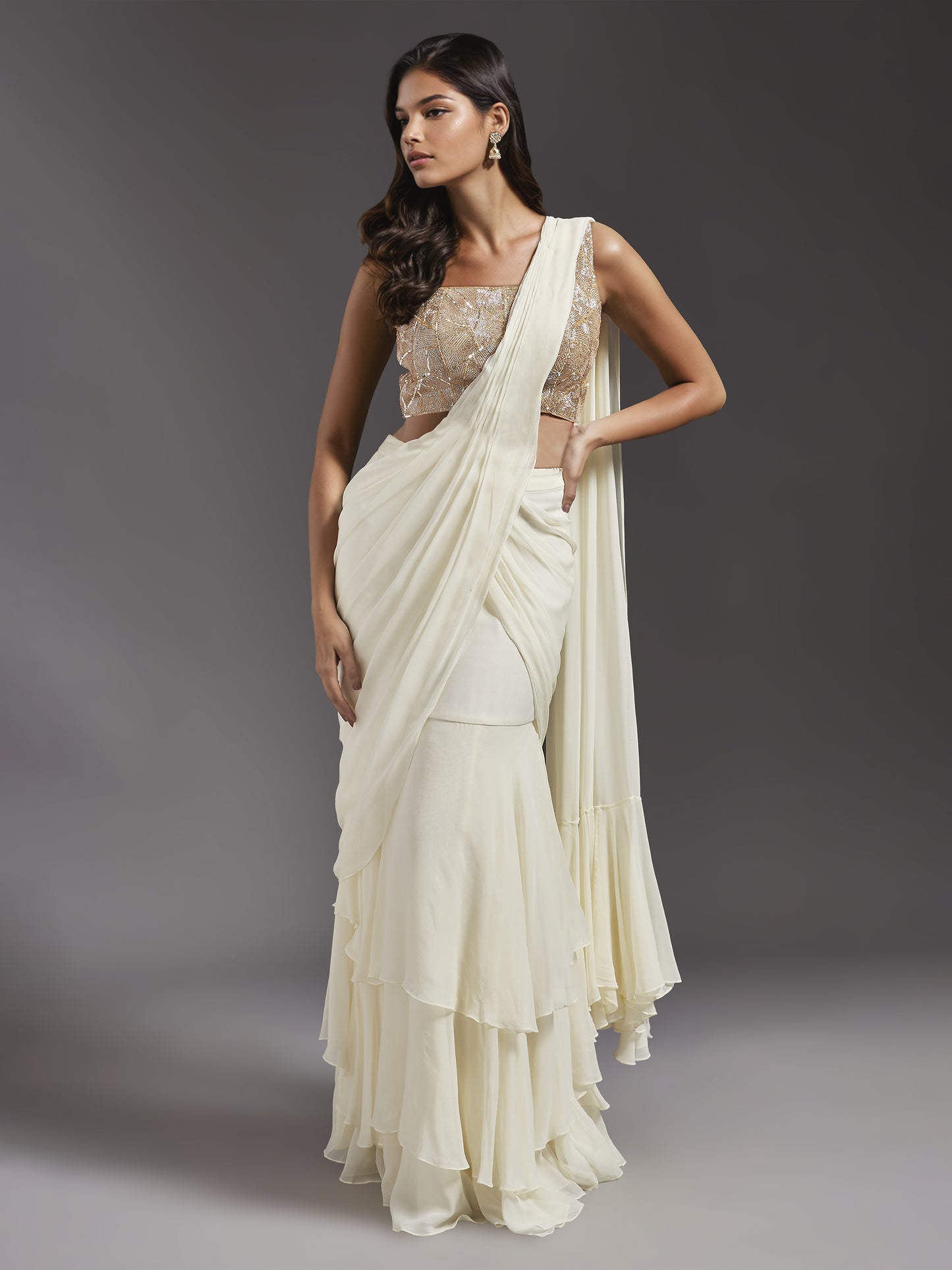 Ivory Net Abstract Line Embroidered Blouse with Georgette Draped Saree