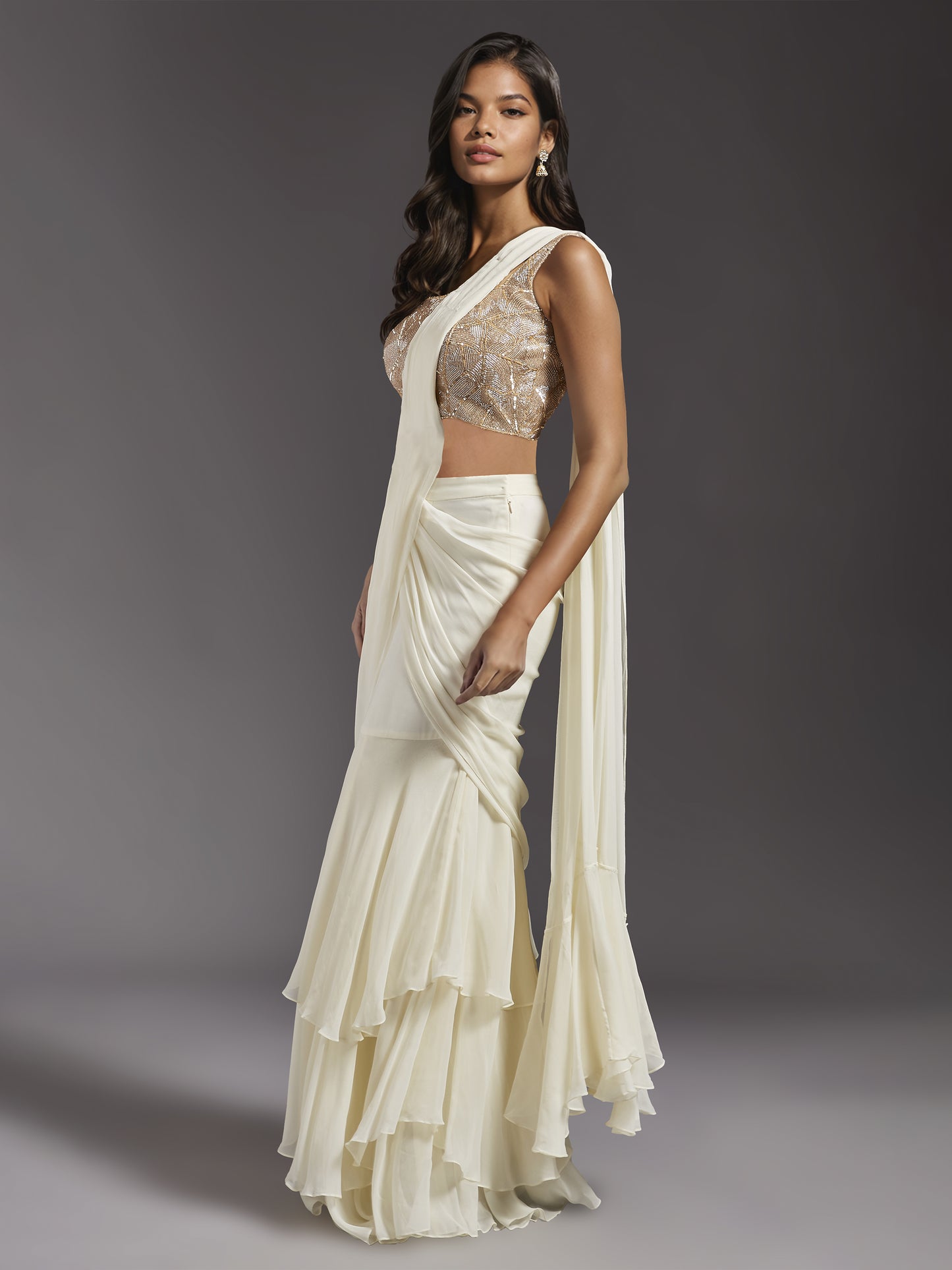 Ivory Net Abstract Line Embroidered Blouse with Georgette Draped Saree