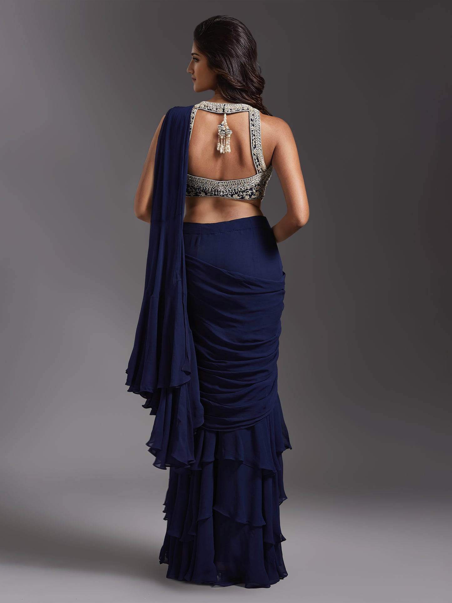 Navy Net Embroidered Blouse and Georgette Draped Saree Set with Belt