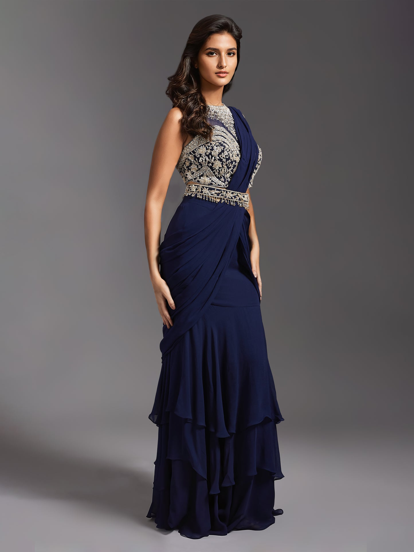 Navy Net Embroidered Blouse and Georgette Draped Saree Set with Belt