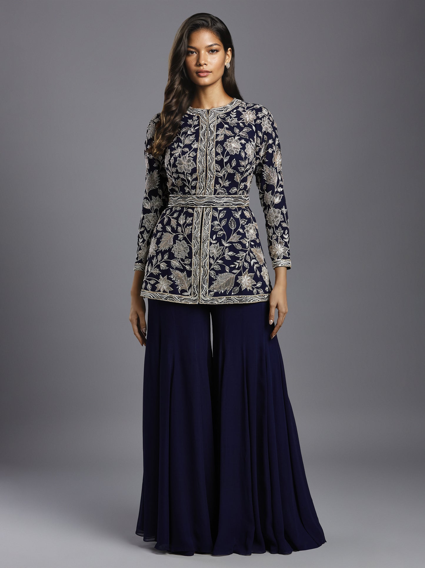 Navy Georgette Peplum Jacket with Big Leaves and Wave Border with Belt and Kali Sharara