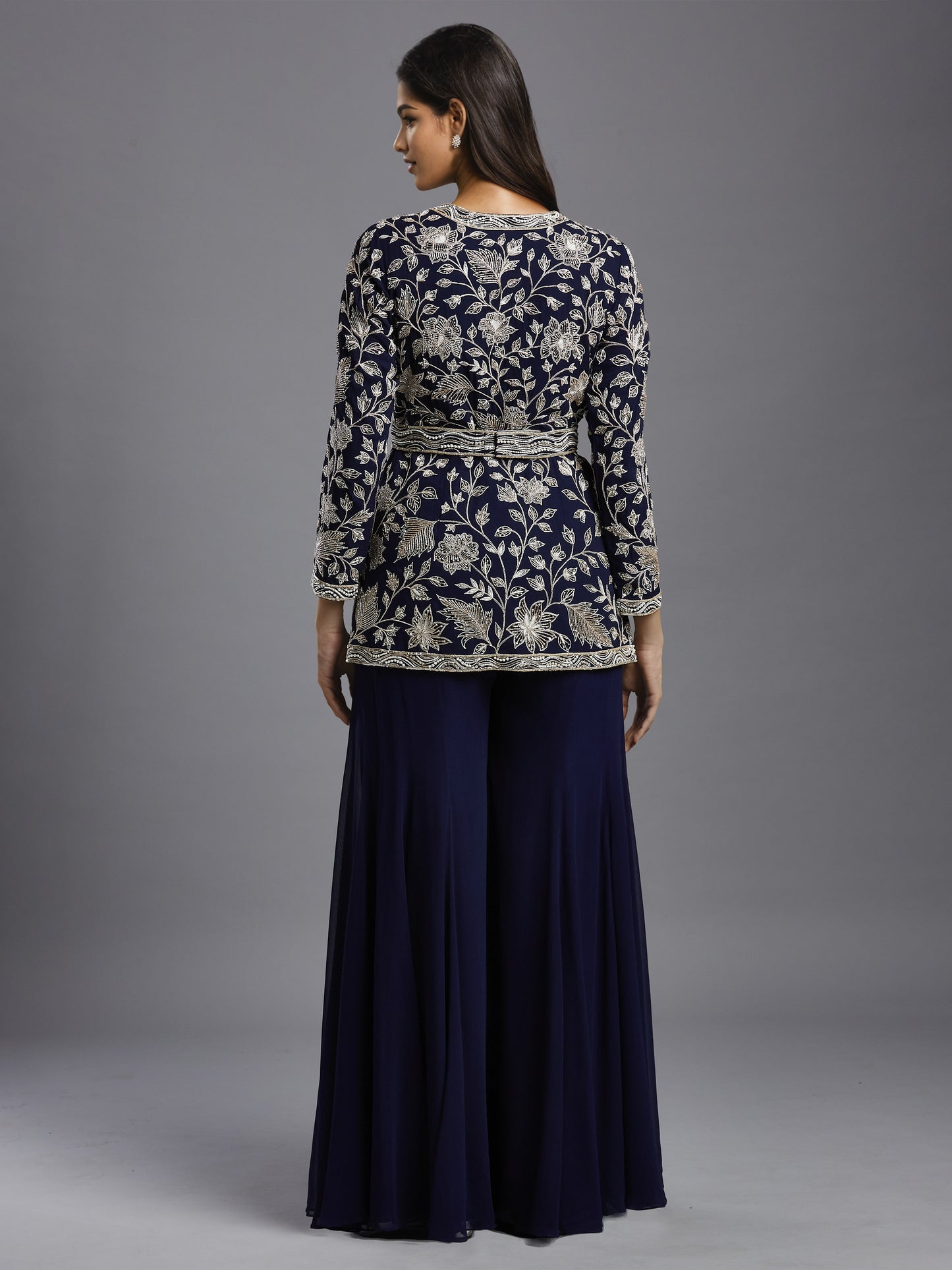 Navy Georgette Peplum Jacket with Big Leaves and Wave Border with Belt and Kali Sharara