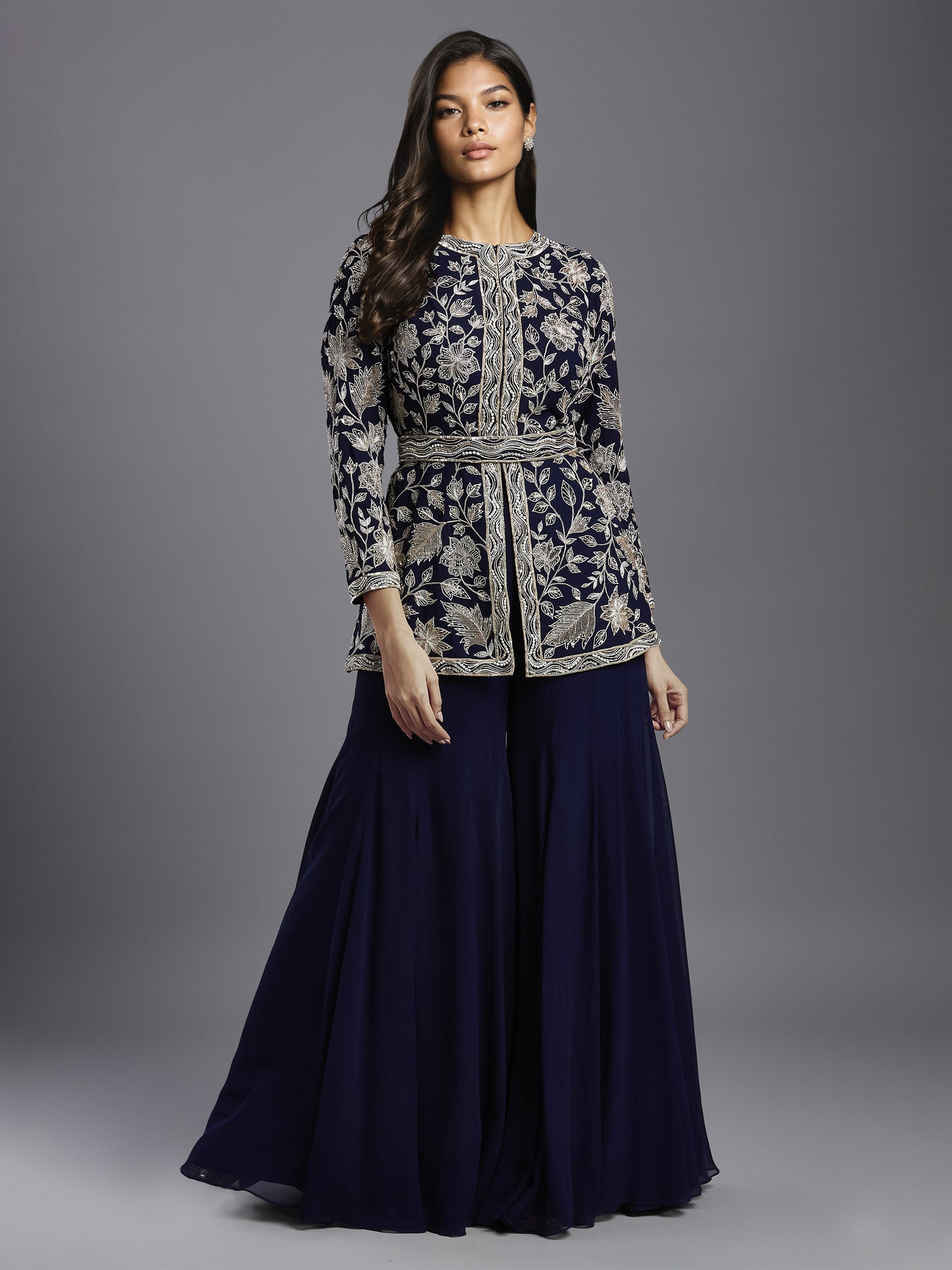 Navy Georgette Peplum Jacket with Big Leaves and Wave Border with Belt and Kali Sharara