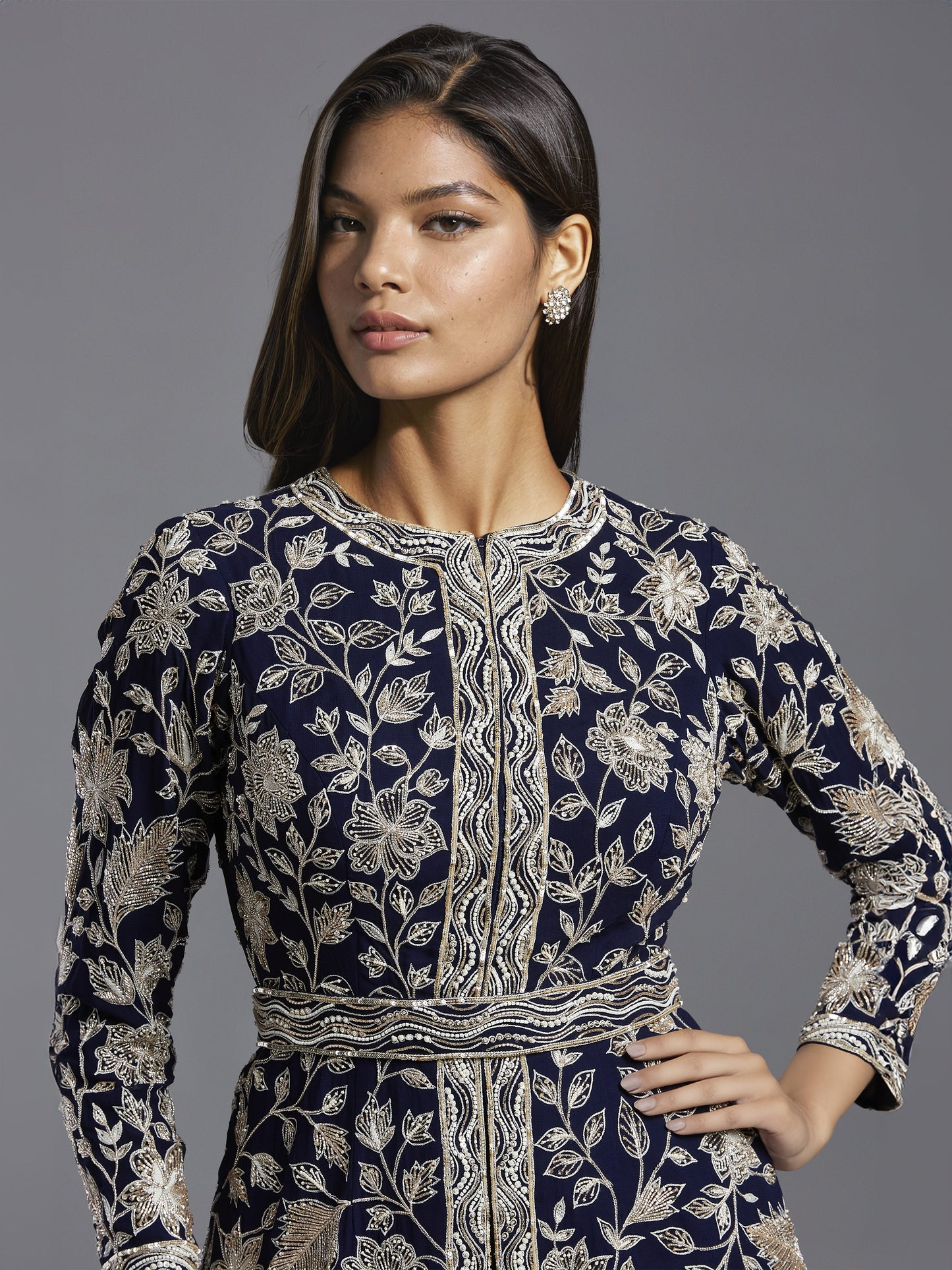 Navy Georgette Peplum Jacket with Big Leaves and Wave Border with Belt and Kali Sharara