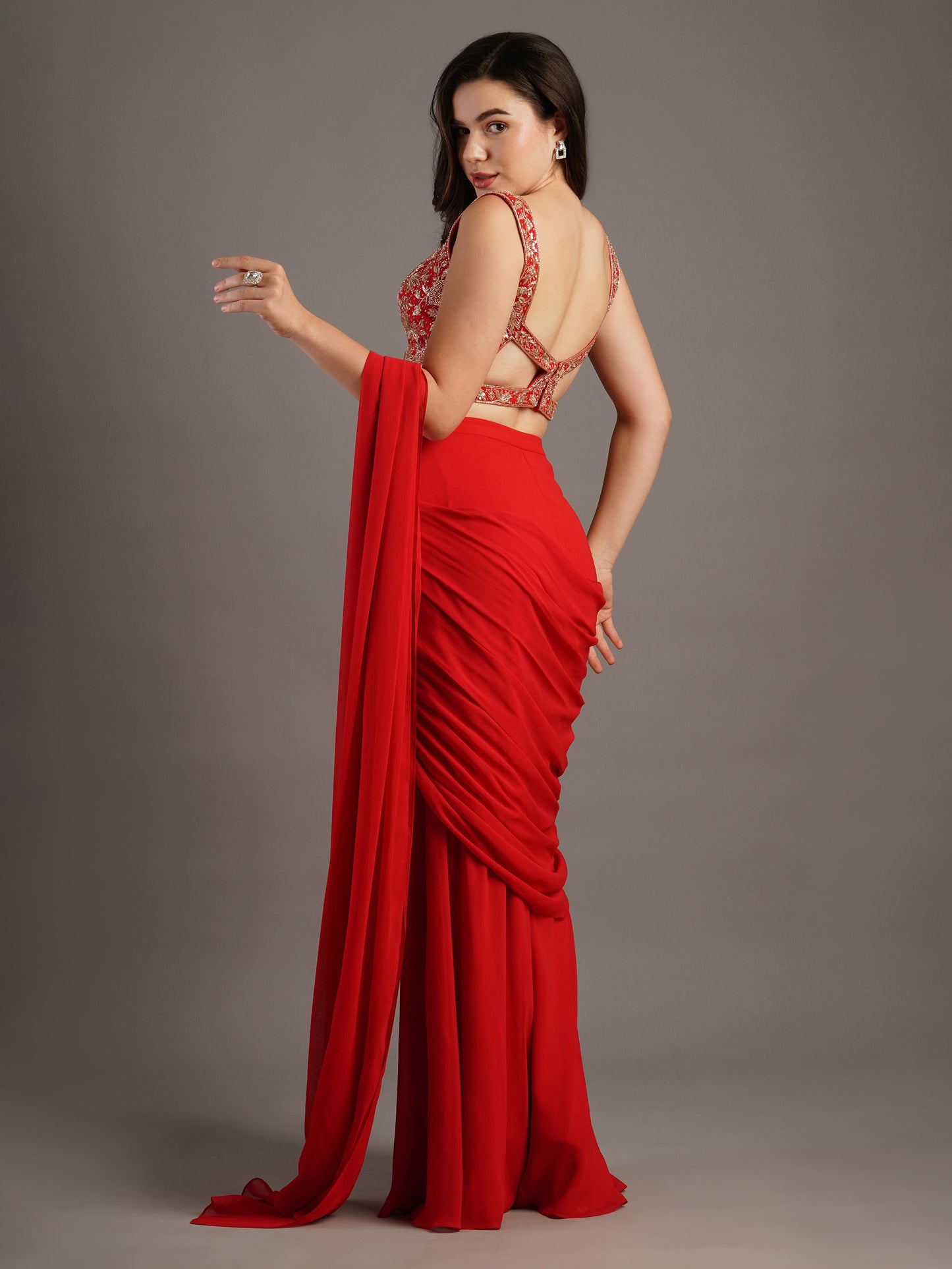 Cherry Red Square Neck Sleeveless Georgette Blouse With Flared Sharara Draped Saree And Belt