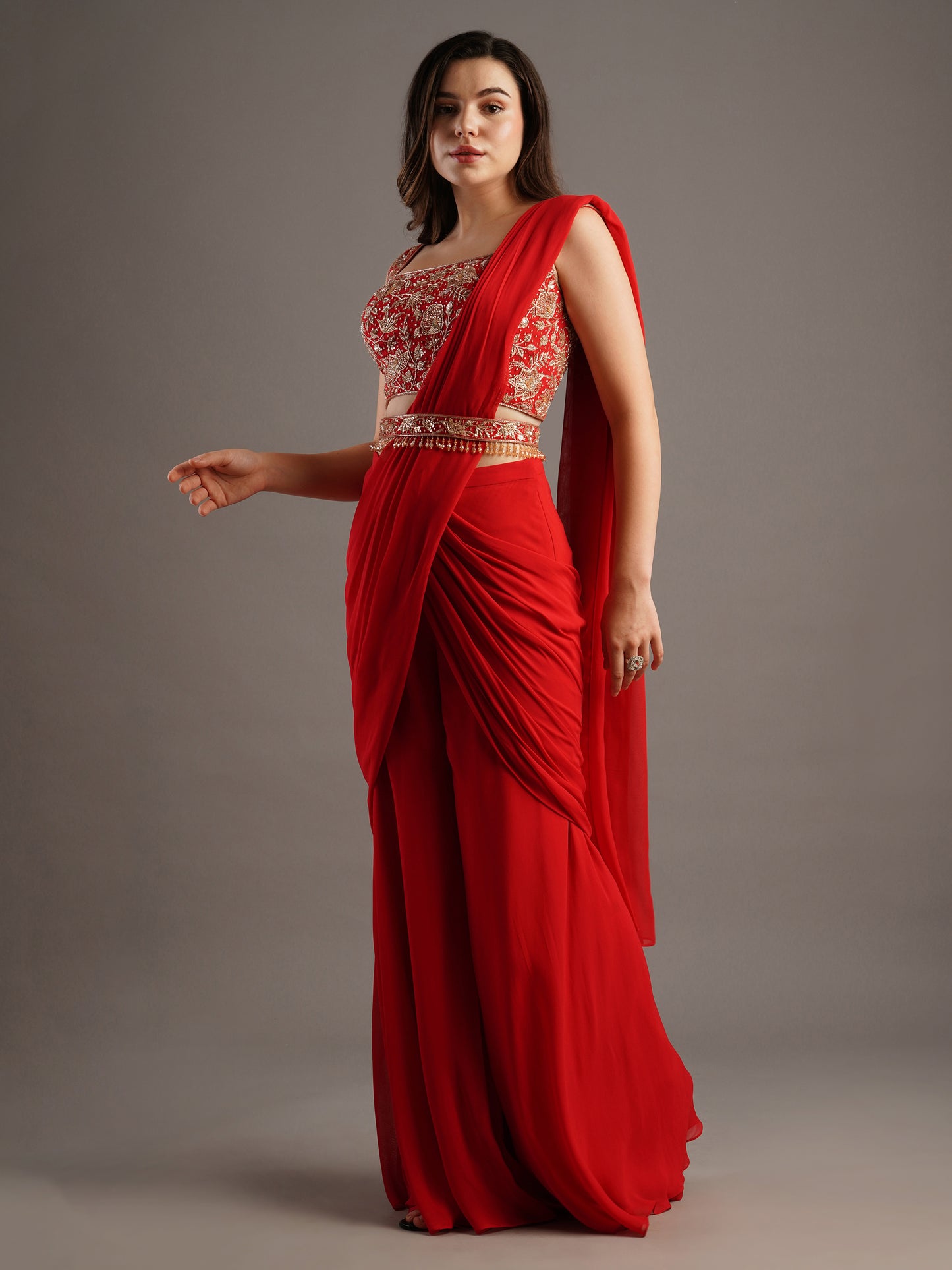 Cherry Red Square Neck Sleeveless Georgette Blouse With Flared Sharara Draped Saree And Belt