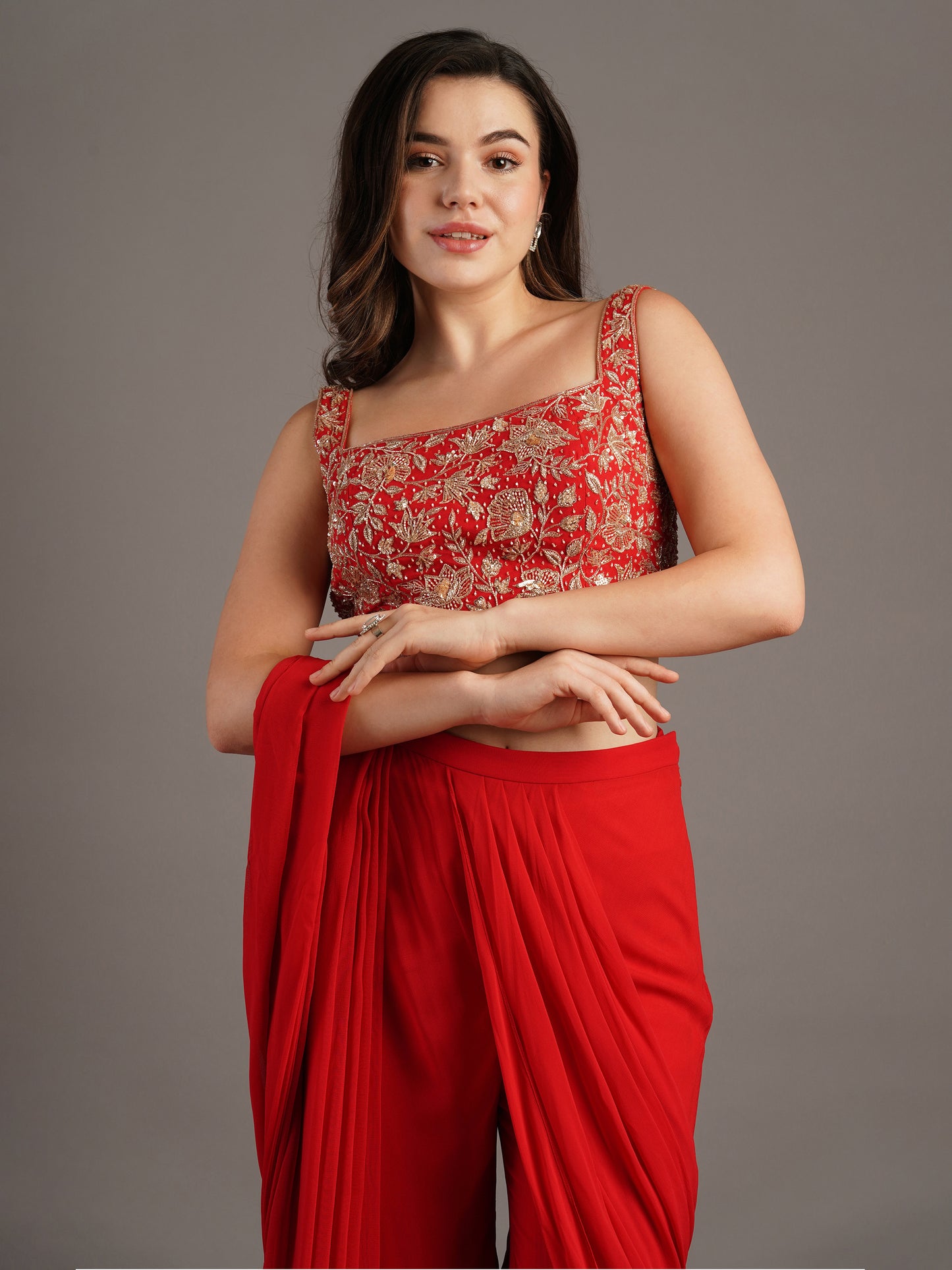 Cherry Red Square Neck Sleeveless Georgette Blouse With Flared Sharara Draped Saree And Belt