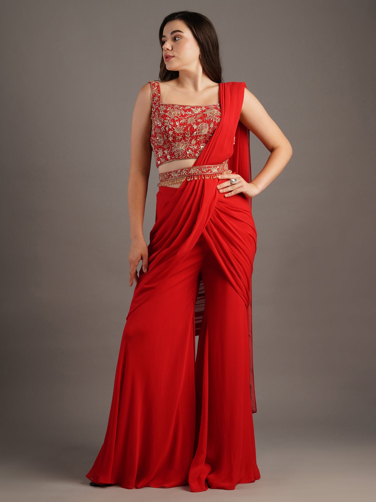 Cherry Red Square Neck Sleeveless Georgette Blouse With Flared Sharara Draped Saree And Belt