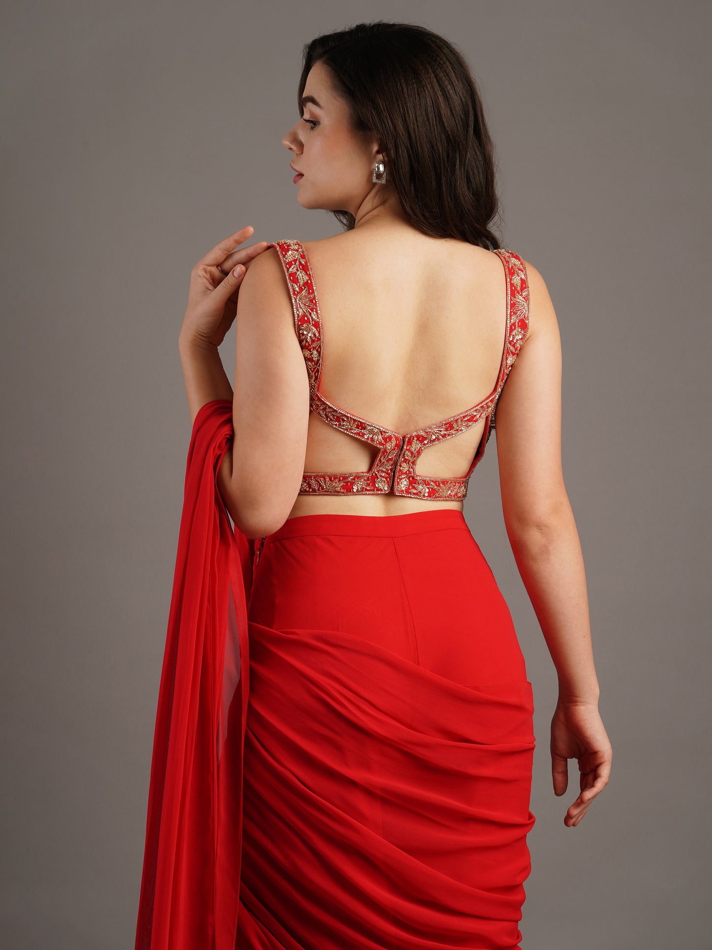Cherry Red Square Neck Sleeveless Georgette Blouse With Flared Sharara Draped Saree And Belt