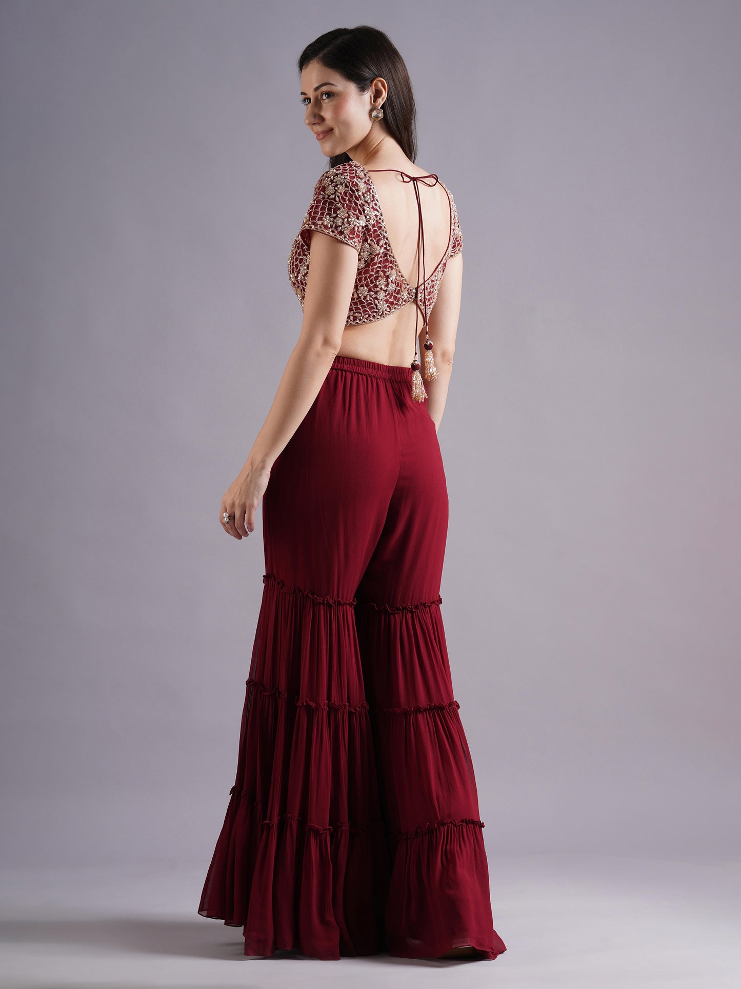 Maroon Scallop with Flower Embroidery Blouse with Tiered Sharara and Choker