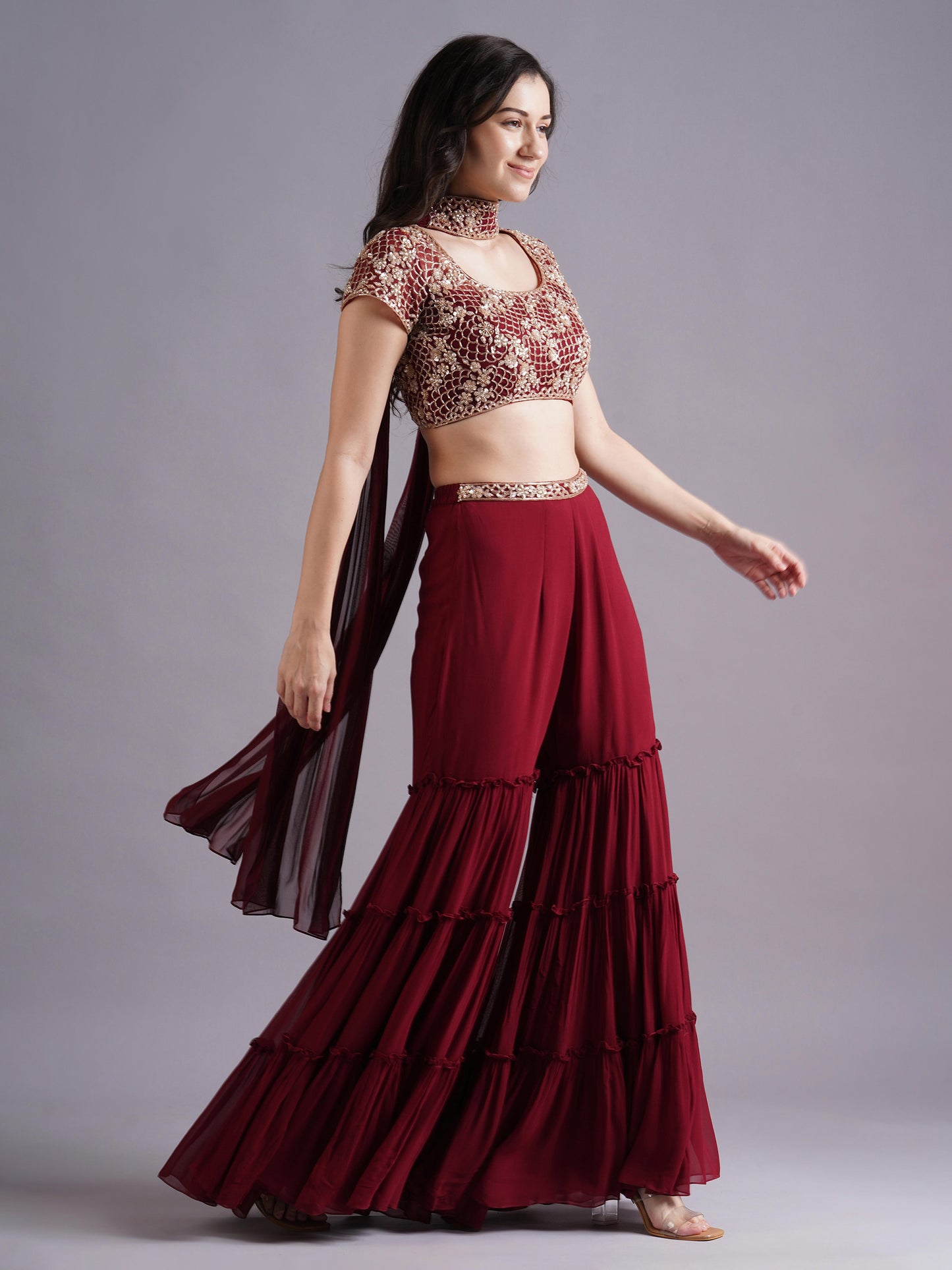 Maroon Scallop with Flower Embroidery Blouse with Tiered Sharara and Choker