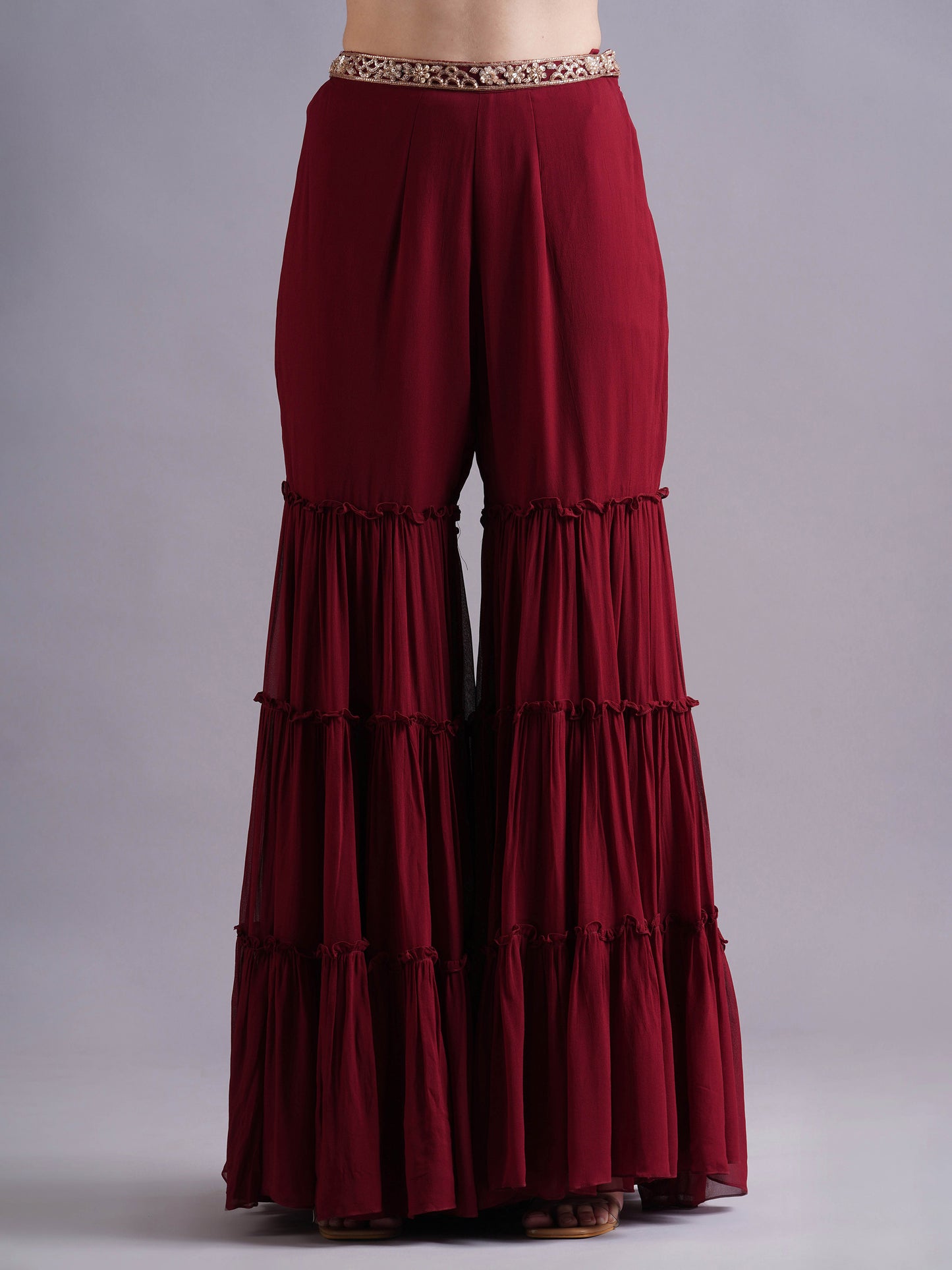 Maroon Scallop with Flower Embroidery Blouse with Tiered Sharara and Choker