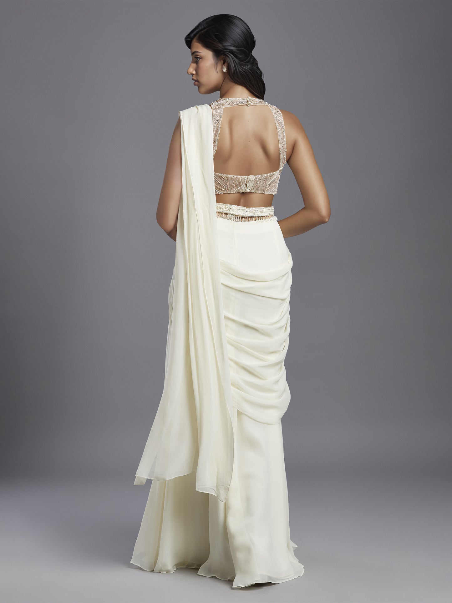 Ivory Net Wave Blouse and Draped Saree Set with Belt