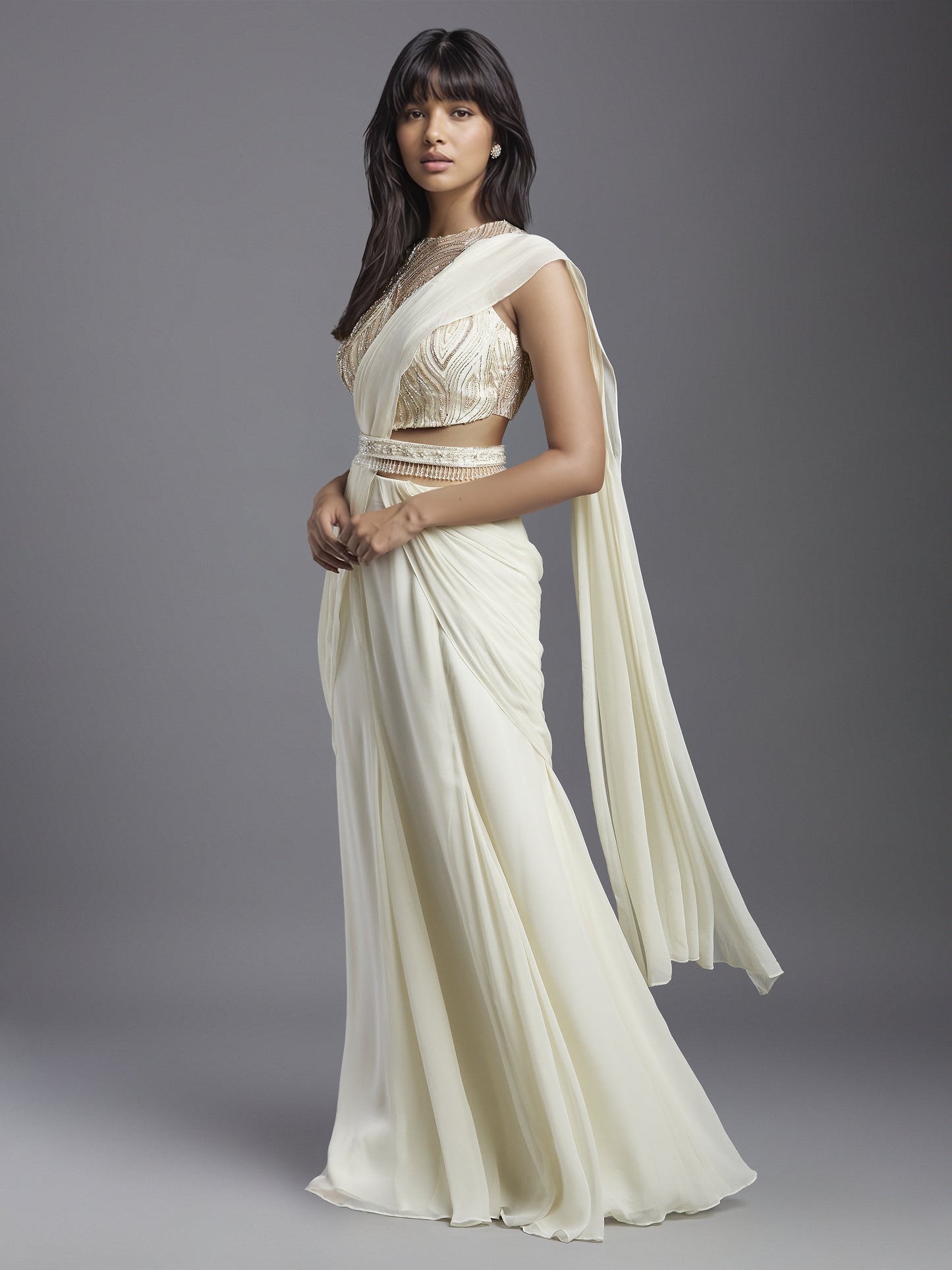 Ivory Net Wave Blouse and Draped Saree Set with Belt