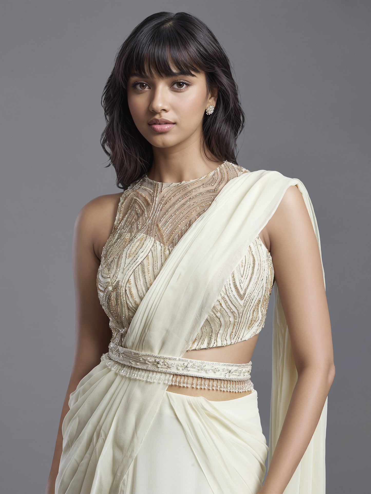 Ivory Net Wave Blouse and Draped Saree Set with Belt