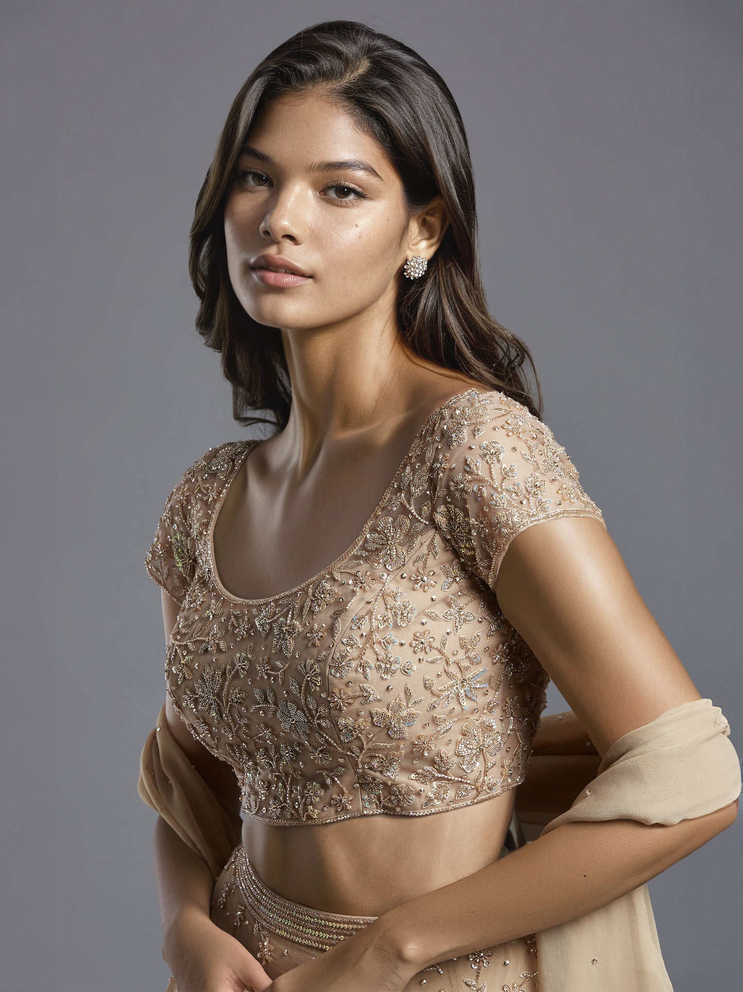 Nude Holo Embroidered Georgette Lehenga Set with Dupatta