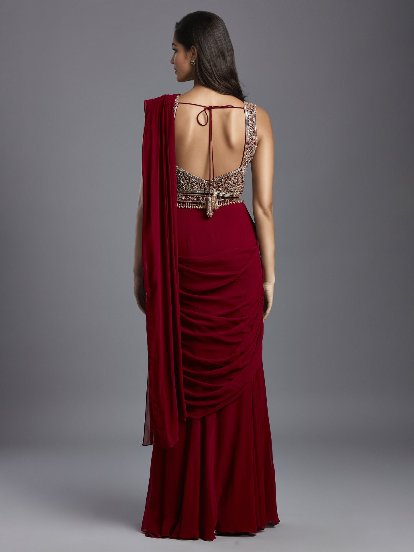 Maroon Georgette Draped Saree with Net Embroidered Blouse and Belt