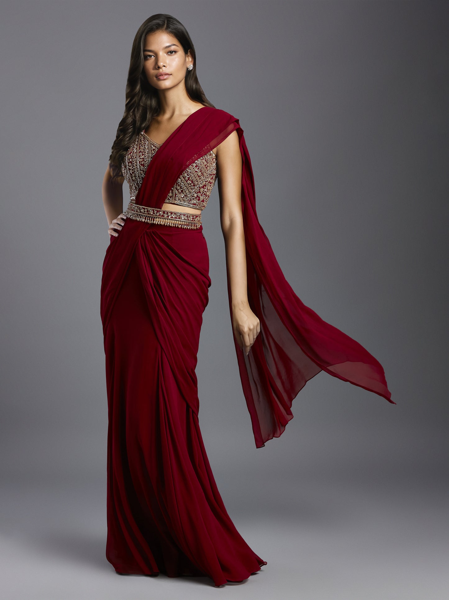 Maroon Georgette Draped Saree with Net Embroidered Blouse and Belt