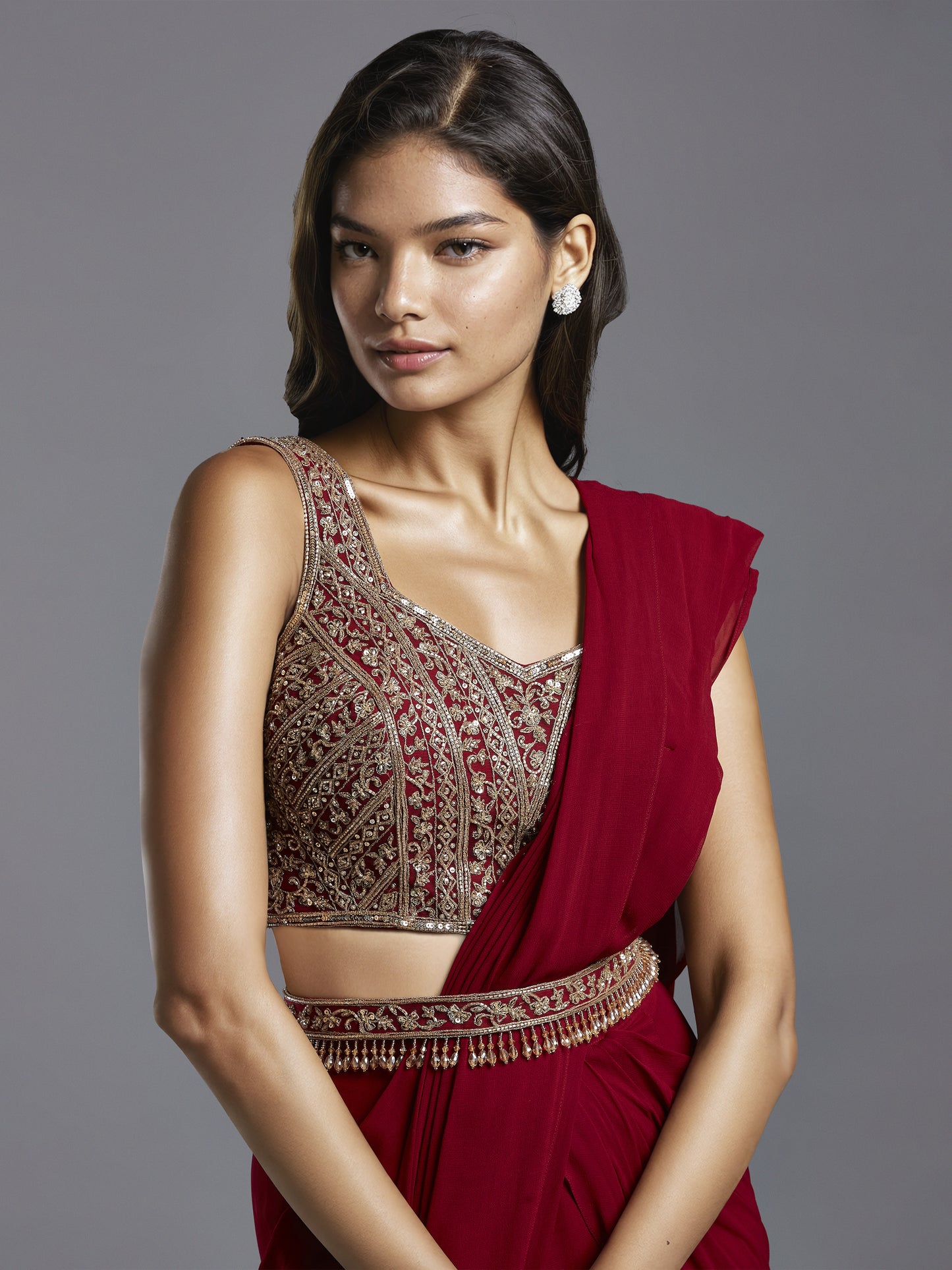 Maroon Georgette Draped Saree with Net Embroidered Blouse and Belt