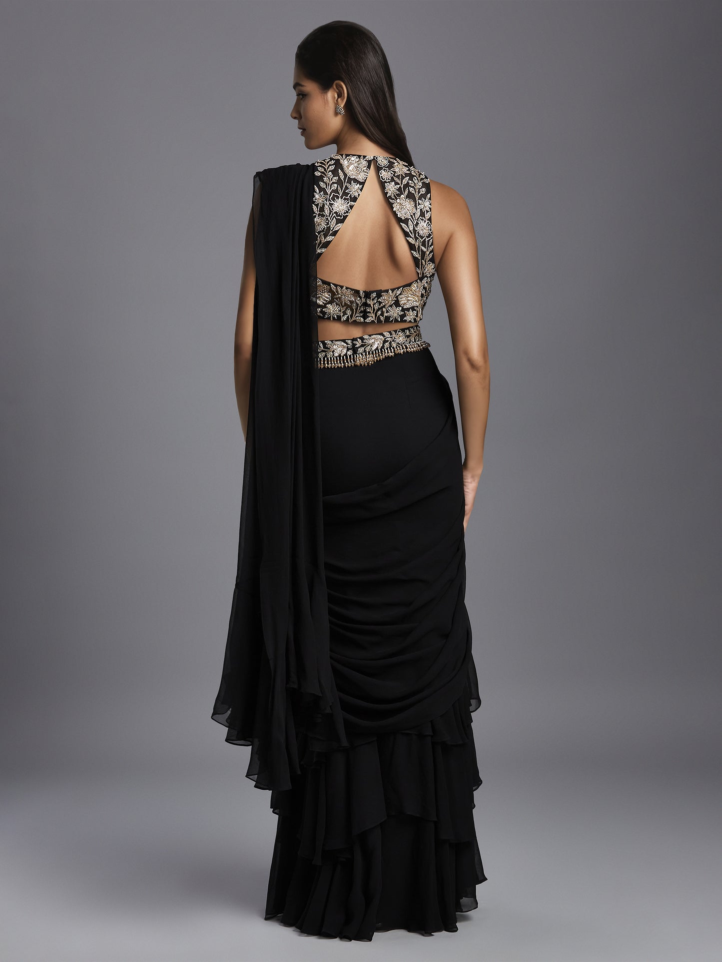 Black Georgette Three Layered Saree with Net Embroidered Blouse and Belt