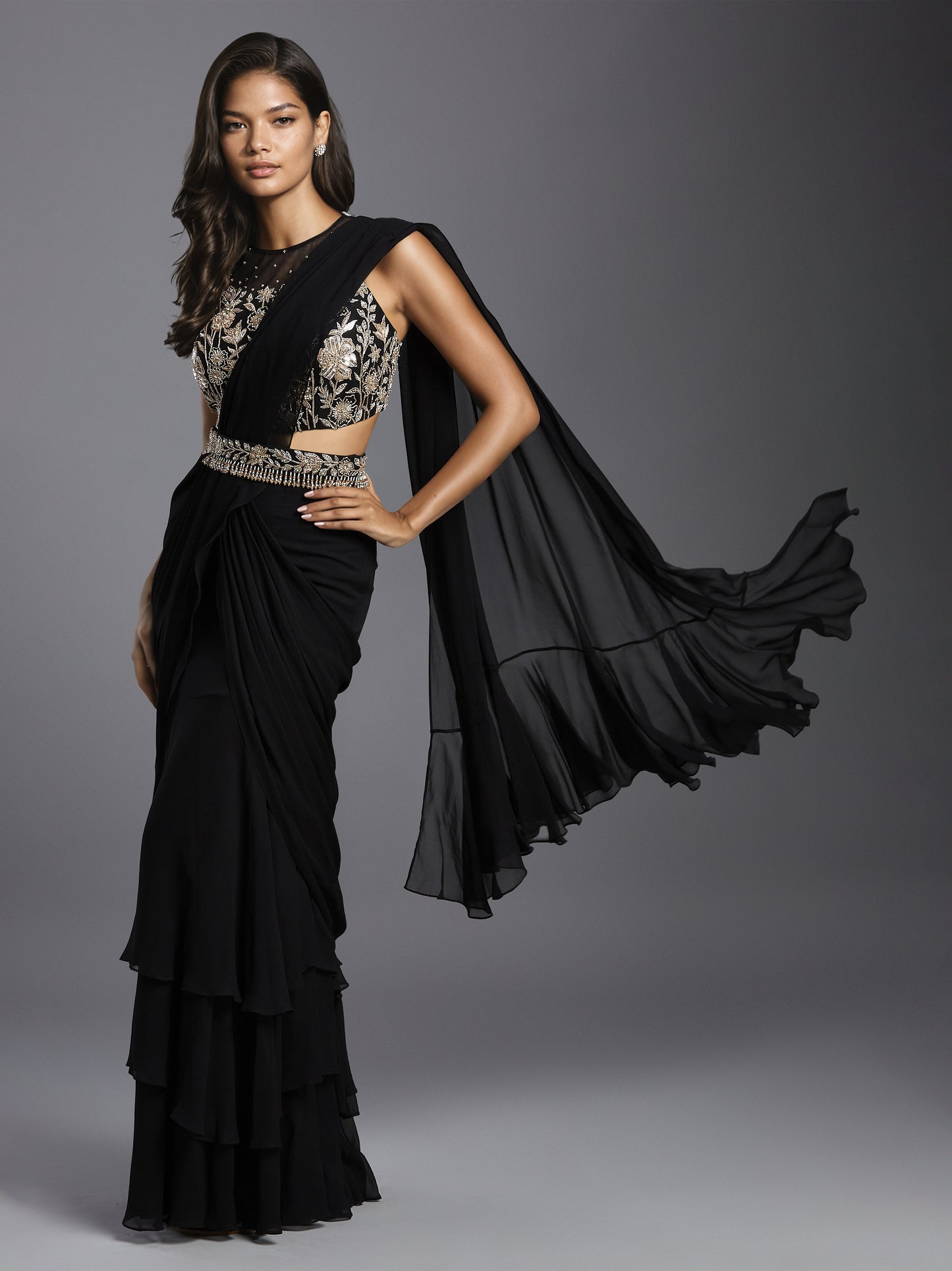 Black Georgette Three Layered Saree with Net Embroidered Blouse and Belt