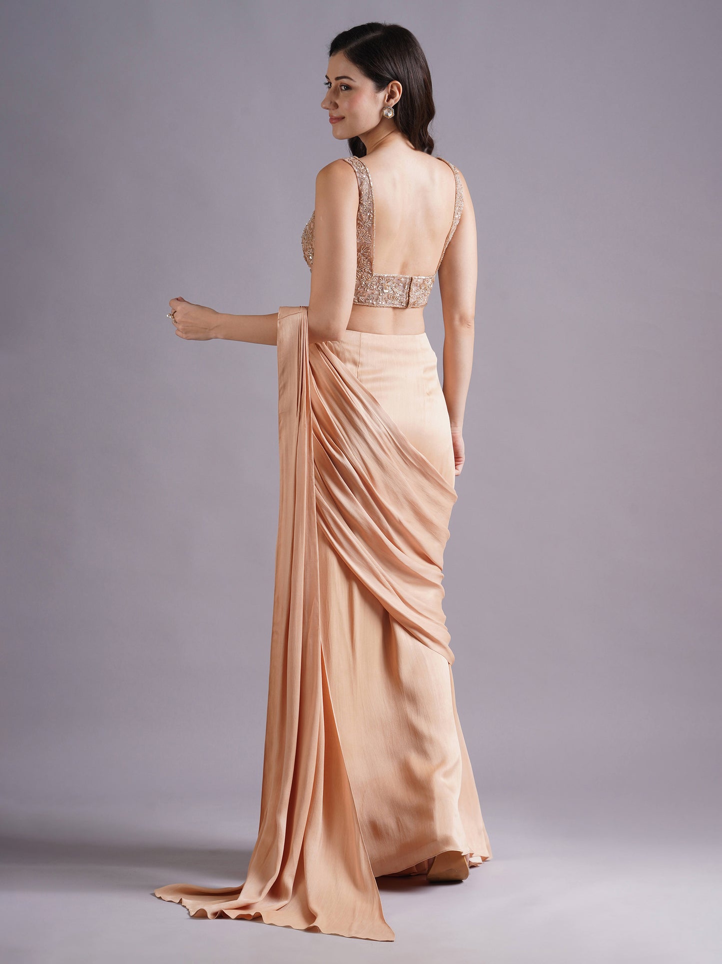 Nude Net Square Neck Blouse with Crepe Satin Ruched Saree and Belt