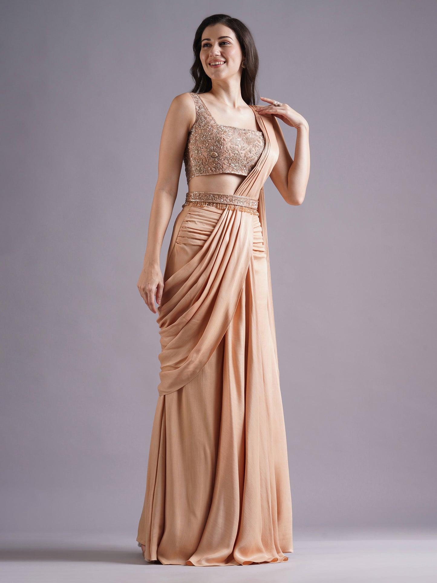 Nude Net Square Neck Blouse with Crepe Satin Ruched Saree and Belt