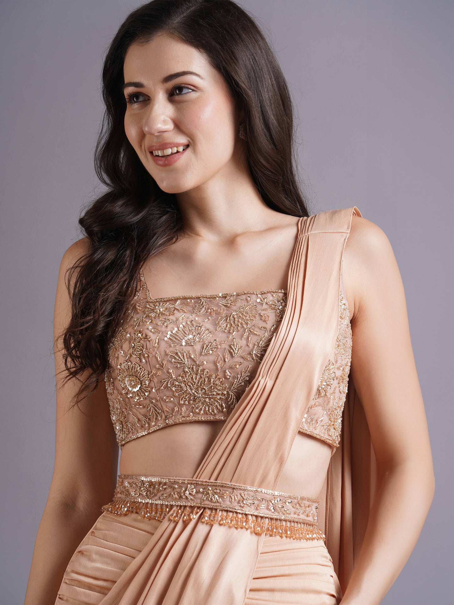 Nude Net Square Neck Blouse with Crepe Satin Ruched Saree and Belt