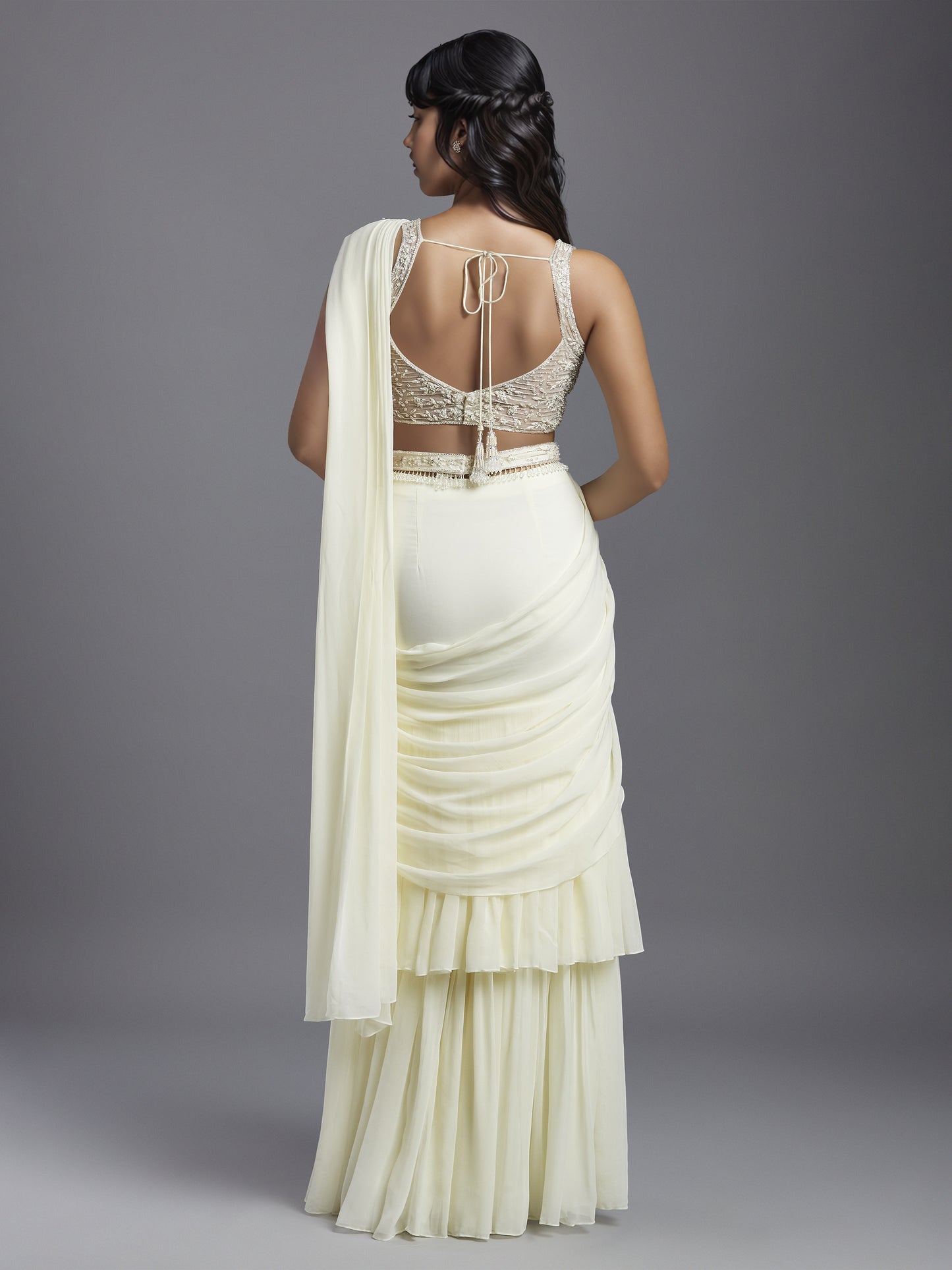 Ivory Georgette Double Layered Gathered Draped Saree with Net Embroidered Blouse and Belt