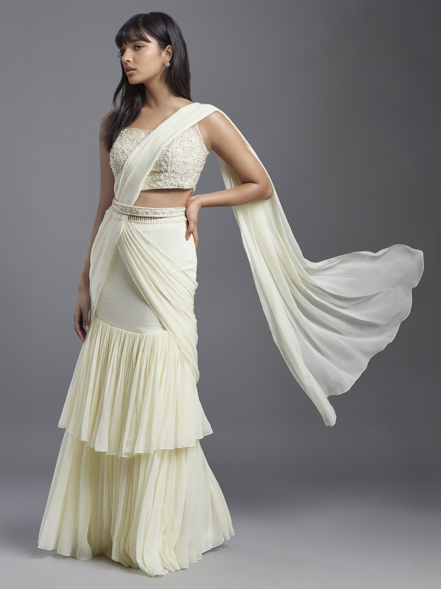Ivory Georgette Double Layered Gathered Draped Saree with Net Embroidered Blouse and Belt