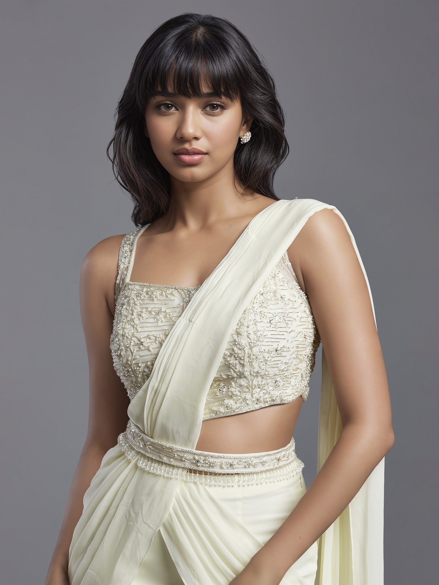 Ivory Georgette Double Layered Gathered Draped Saree with Net Embroidered Blouse and Belt
