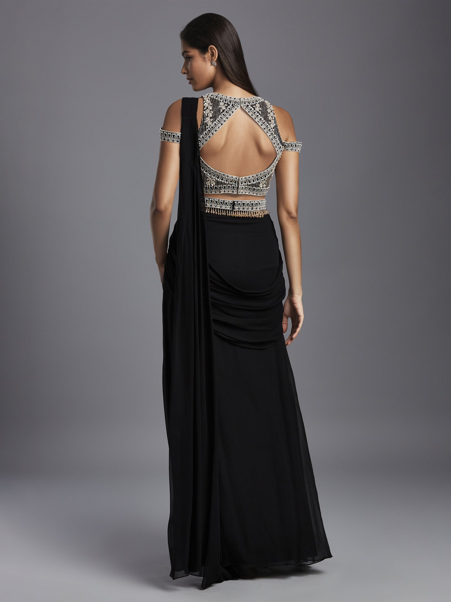 Black Cold Shoulder Net Blouse with Georgette Ruched Saree and Belt
