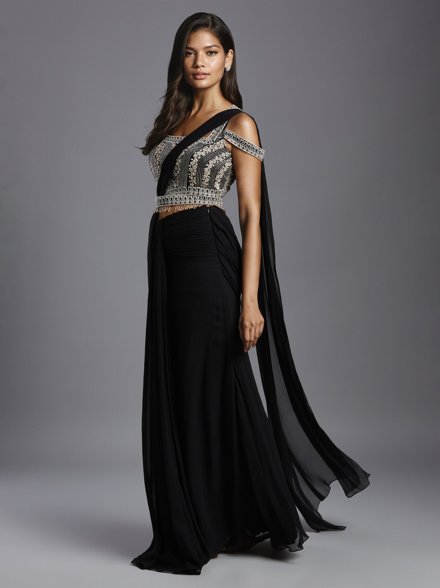 Black Cold Shoulder Net Blouse with Georgette Ruched Saree and Belt
