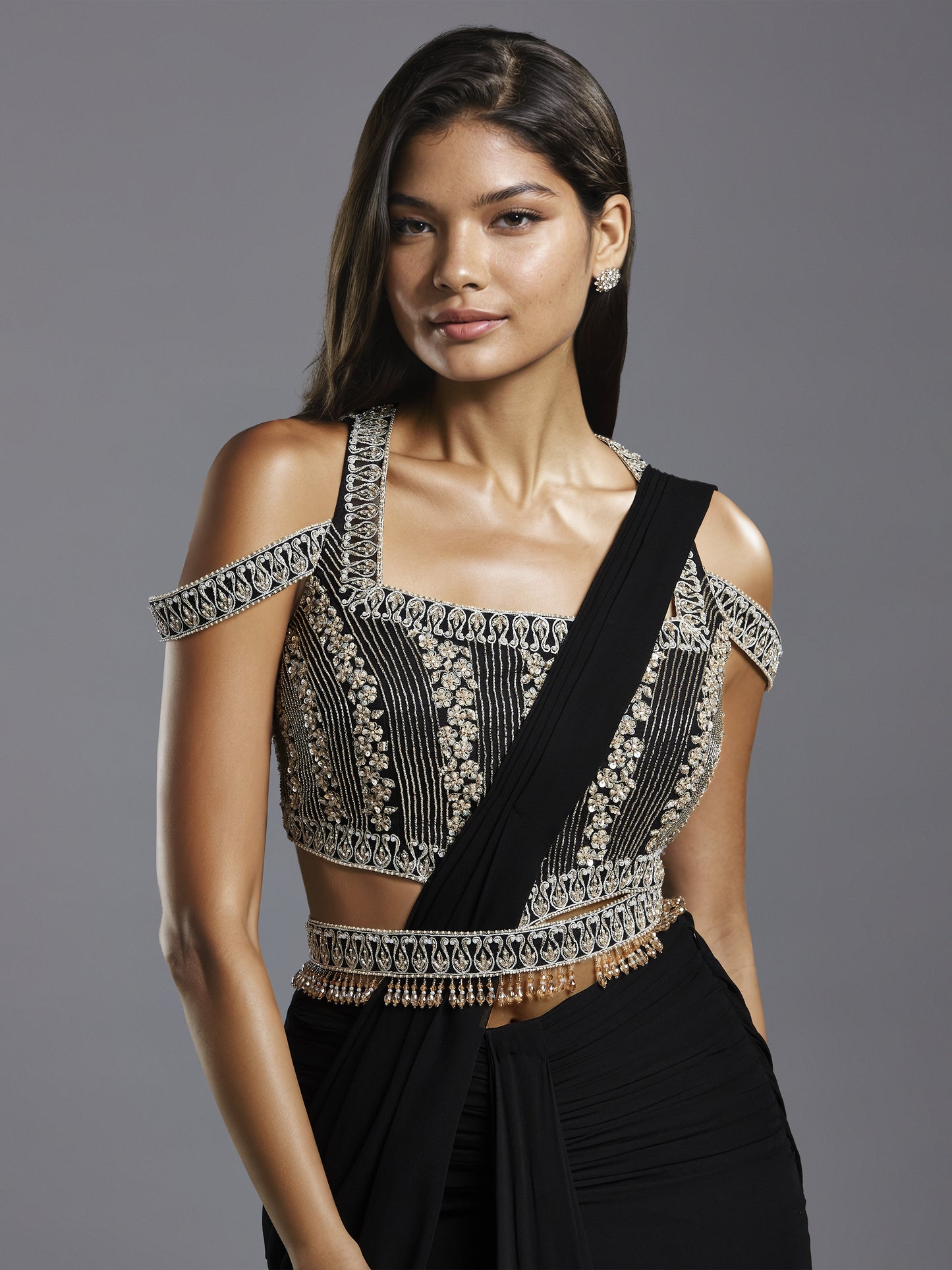 Black Cold Shoulder Net Blouse with Georgette Ruched Saree and Belt