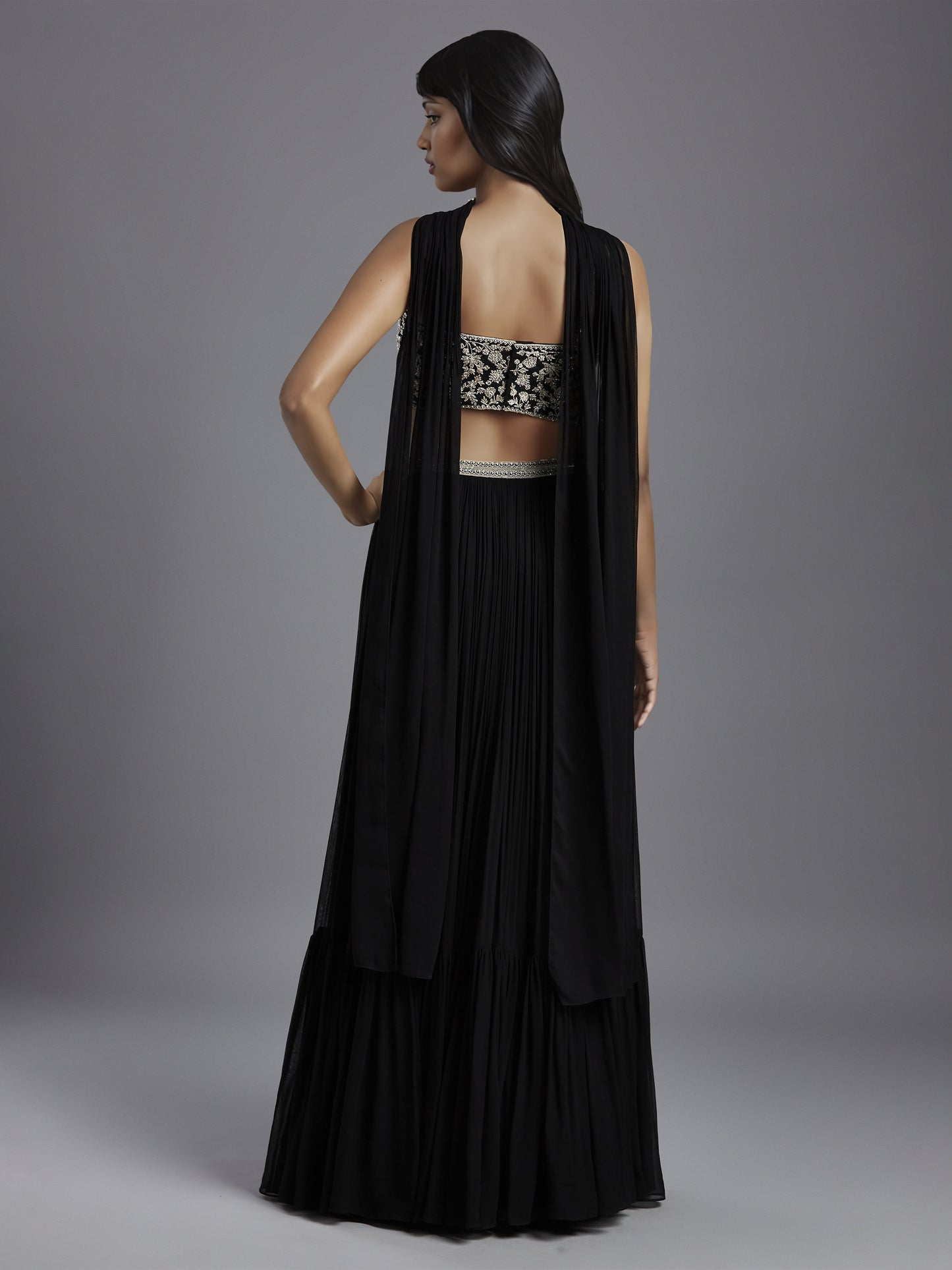 Black Georgette Gathered Skirt with Embroidered Blouse and Choker Dupatta