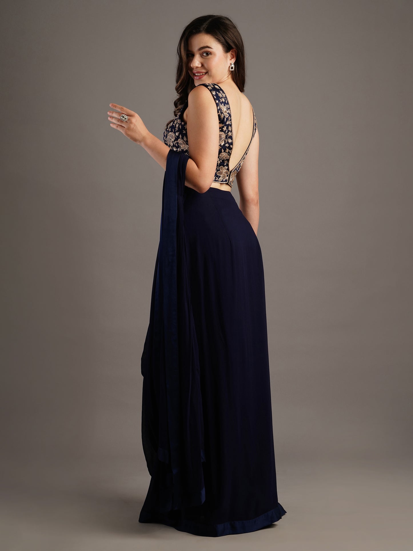 Navy V Neck Modal Satin Blouse With Georgette Pre Stitched Saree And Belt