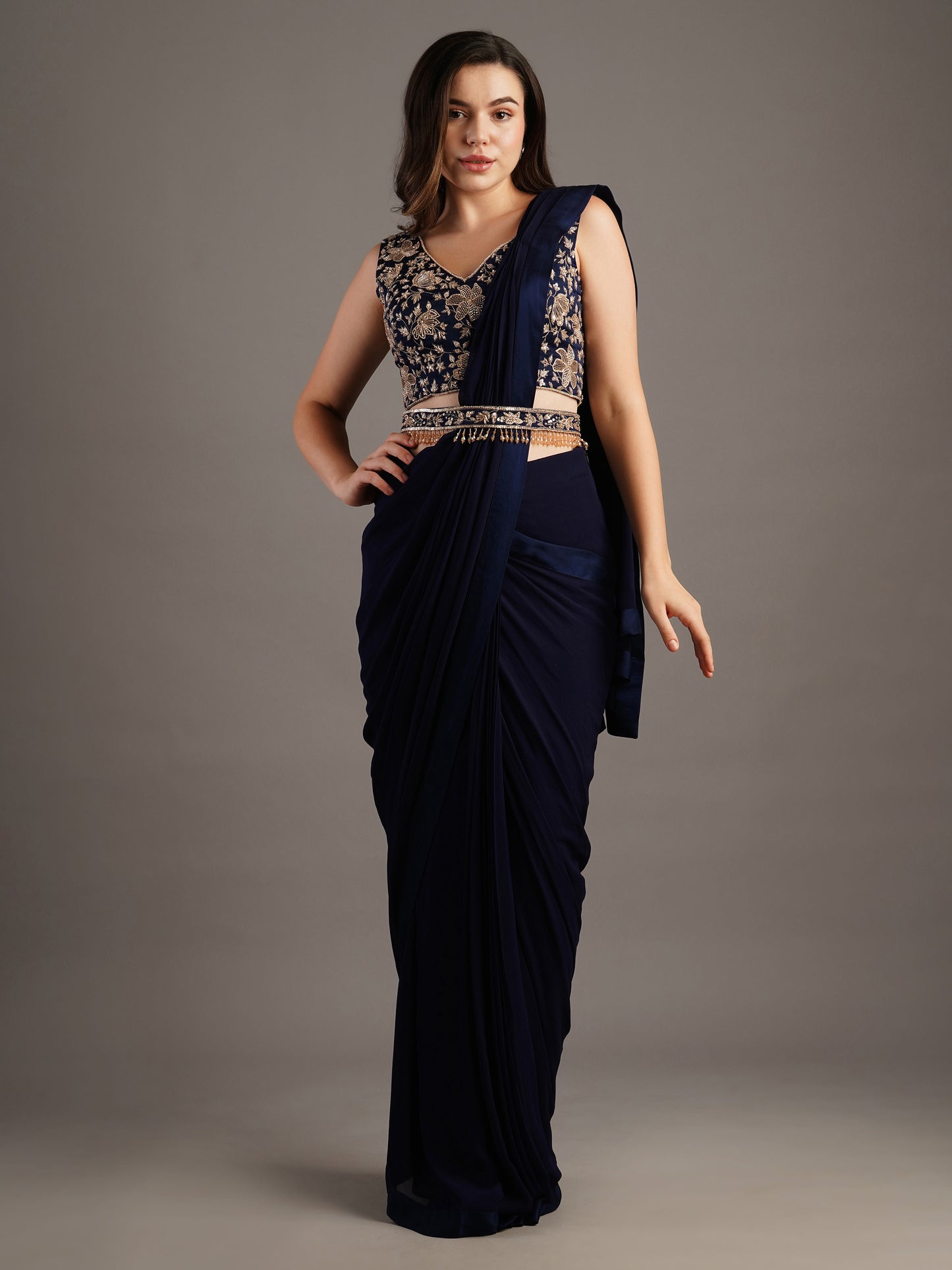 Navy V Neck Modal Satin Blouse With Georgette Pre Stitched Saree And Belt