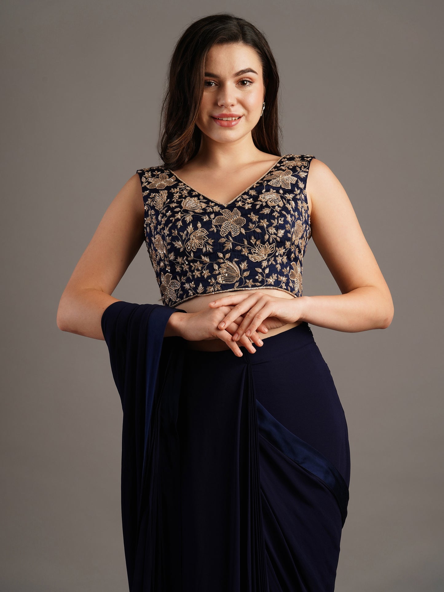 Navy V Neck Modal Satin Blouse With Georgette Pre Stitched Saree And Belt