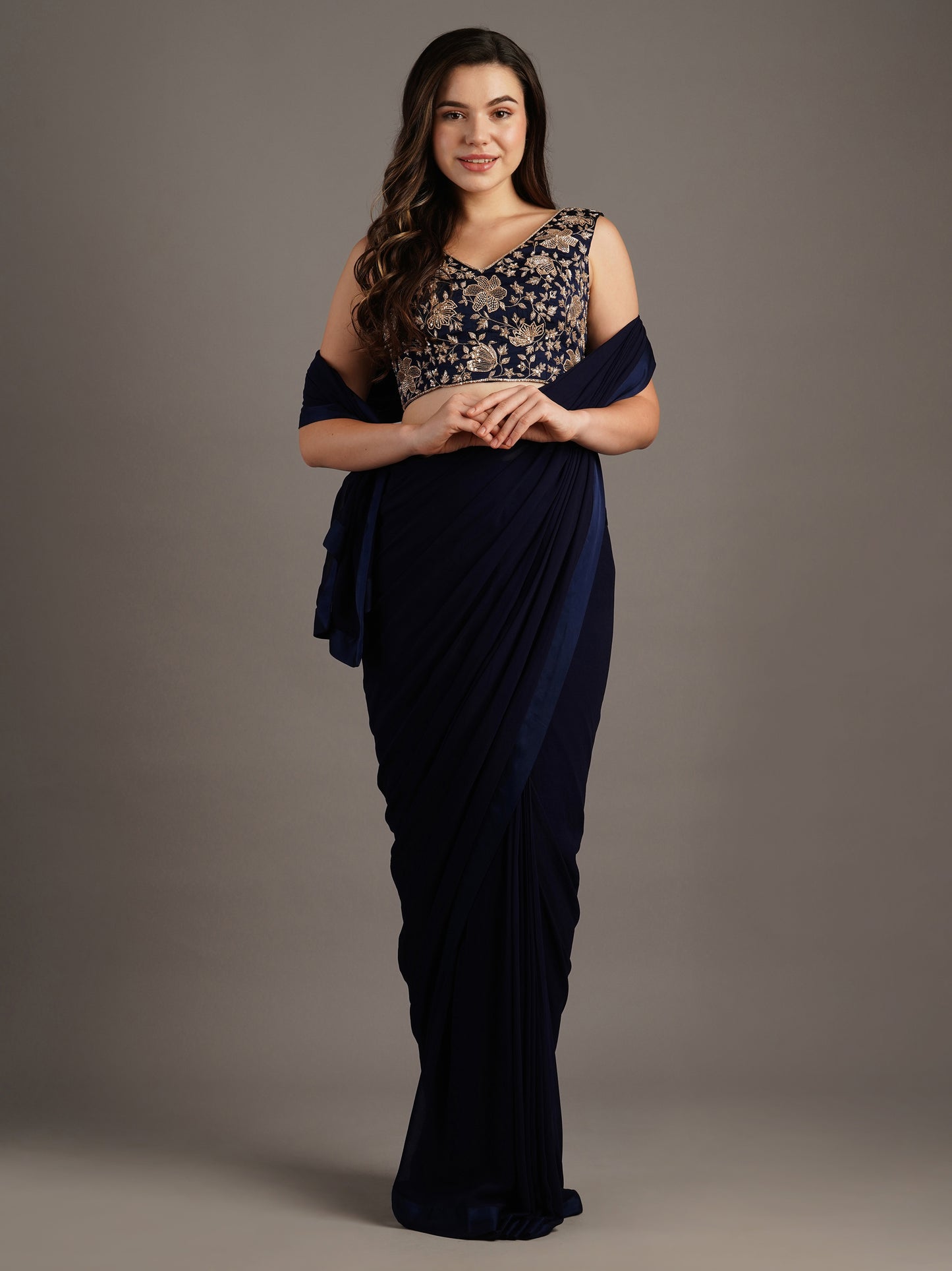 Navy V Neck Modal Satin Blouse With Georgette Pre Stitched Saree And Belt