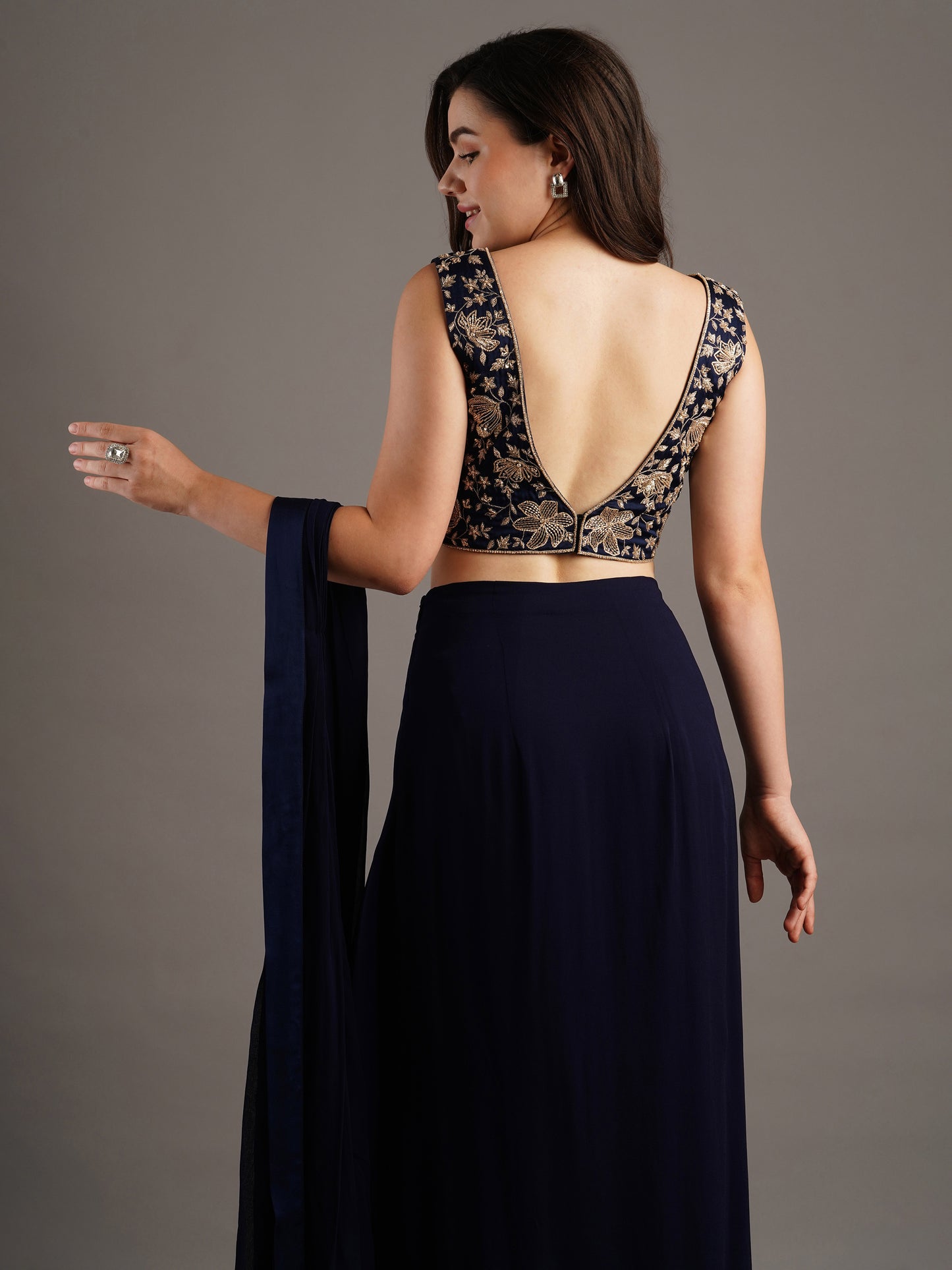 Navy V Neck Modal Satin Blouse With Georgette Pre Stitched Saree And Belt