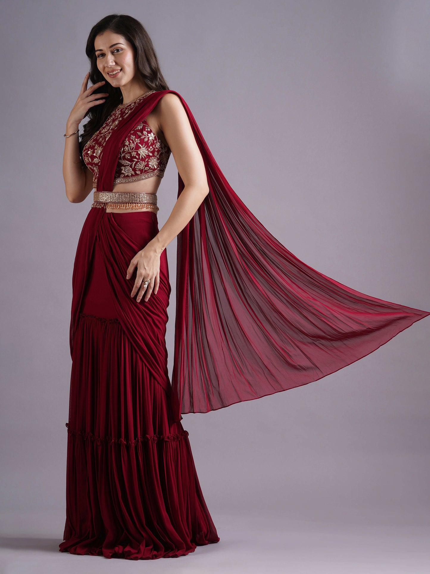 Alamkara Red Checks Border Sleeveless Blouse with Tiered Saree and Belt