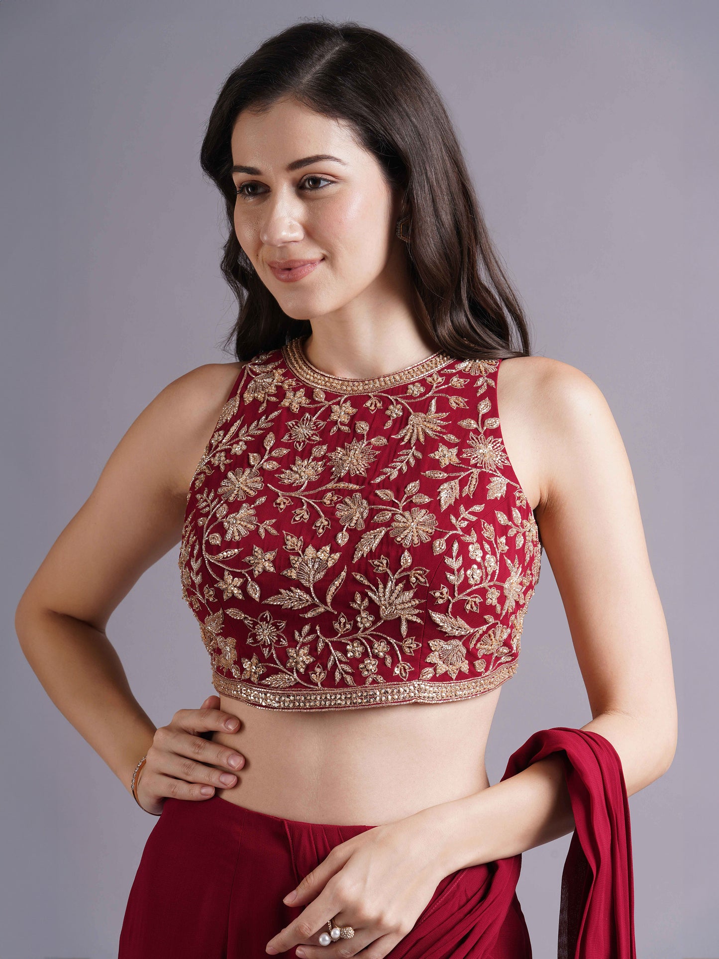 Alamkara Red Checks Border Sleeveless Blouse with Tiered Saree and Belt