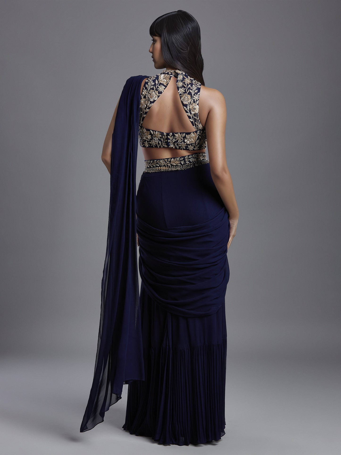 Navy Net Creeper Embroidered Blouse and Georgette Draped Saree Set with Belt